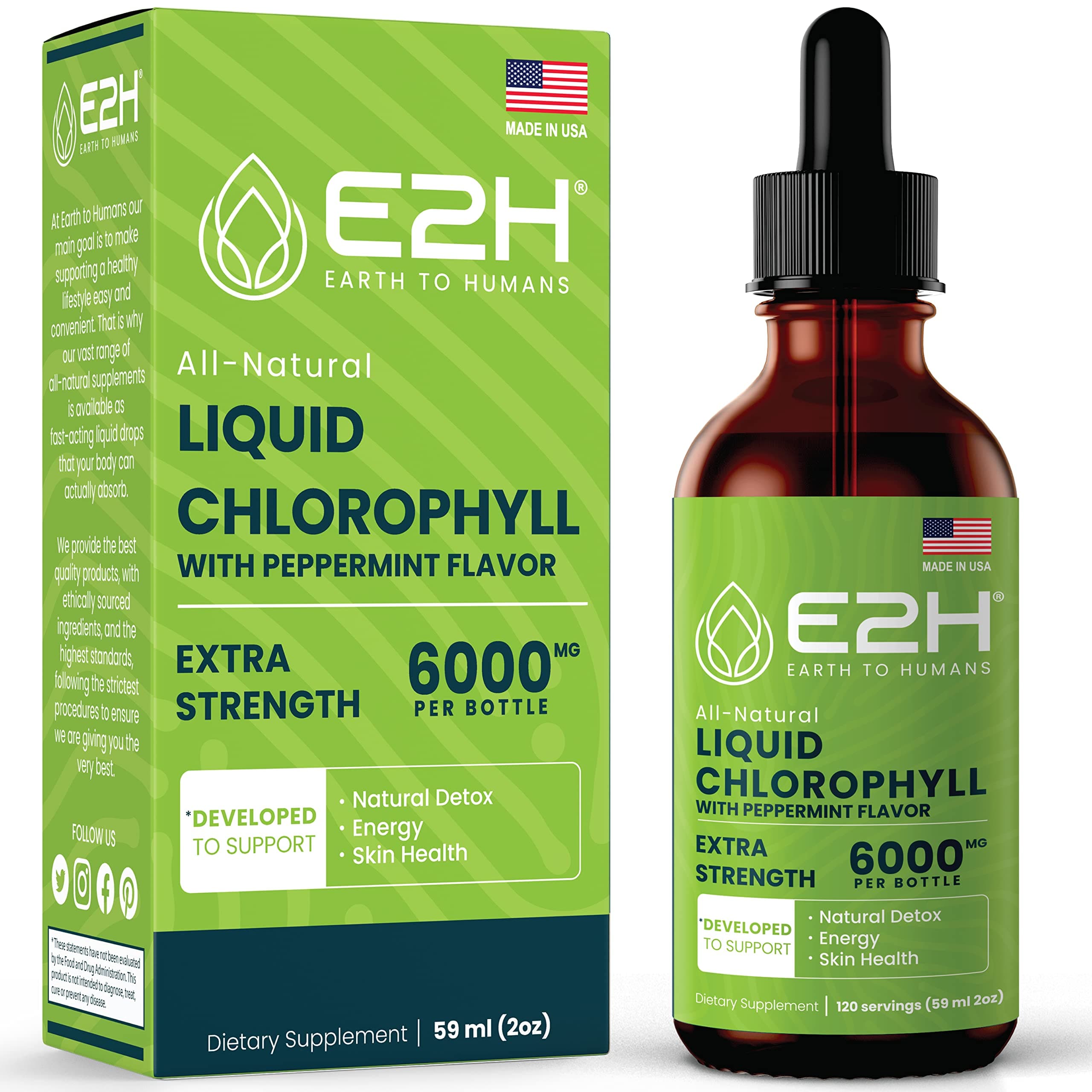 E2H Chlorophyll Liquid Drops - Natural Energy Booster, Immune System Support and Internal Deodorant - Peppermint Flavor - 2 Fl Oz