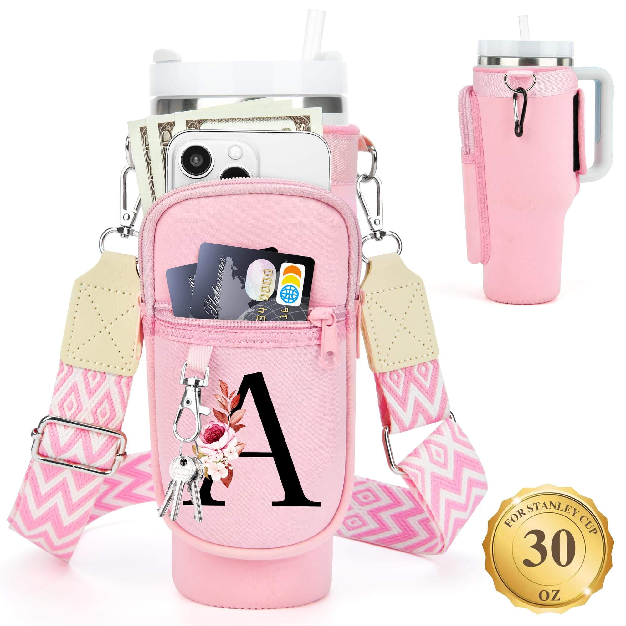 Water Bottle Holder with Strap for Stanley Cup 30 oz Tumbler, Personalized Initial Stanley Cup Accessories 30oz, Stanley Cup Carrier Bag for Women, Men, Girls, for Mom