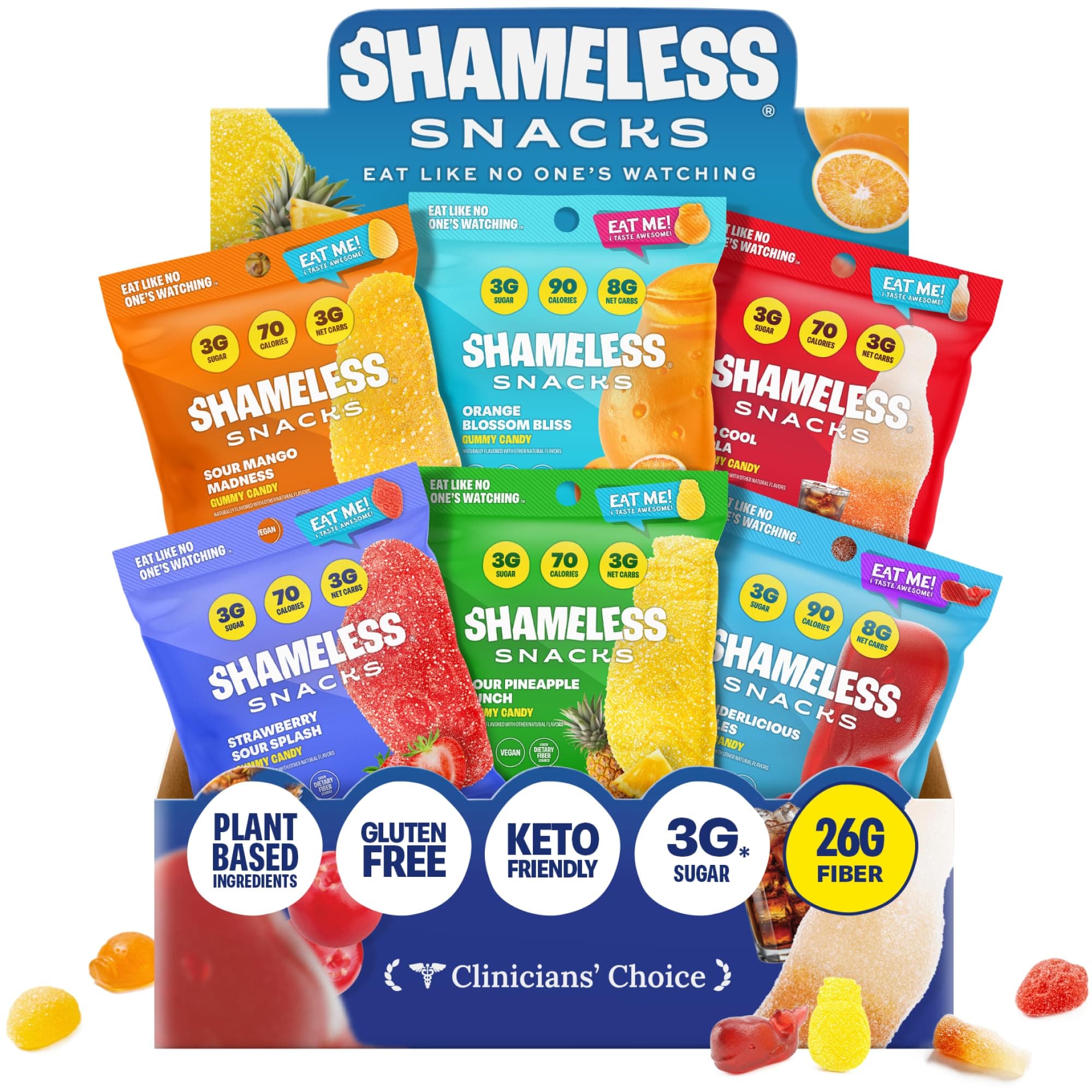 - Shameless Snacks Candy Carnival - Healthy Low Sugar Snacks with Pineapple, Mango, Orange, Strawberry & Cola Gummies - Vegan, Gluten-Free, Low-Calorie Candy Variety Pack