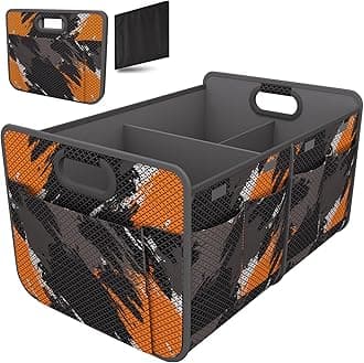 Homeve Trunk Organizer, Car Storage, Reinforced Handles, Collapsible Multi-Compartment Car Organizers, Foldable, Waterproof, 600D Oxford Polyester (Black Orange, 2 Compart)