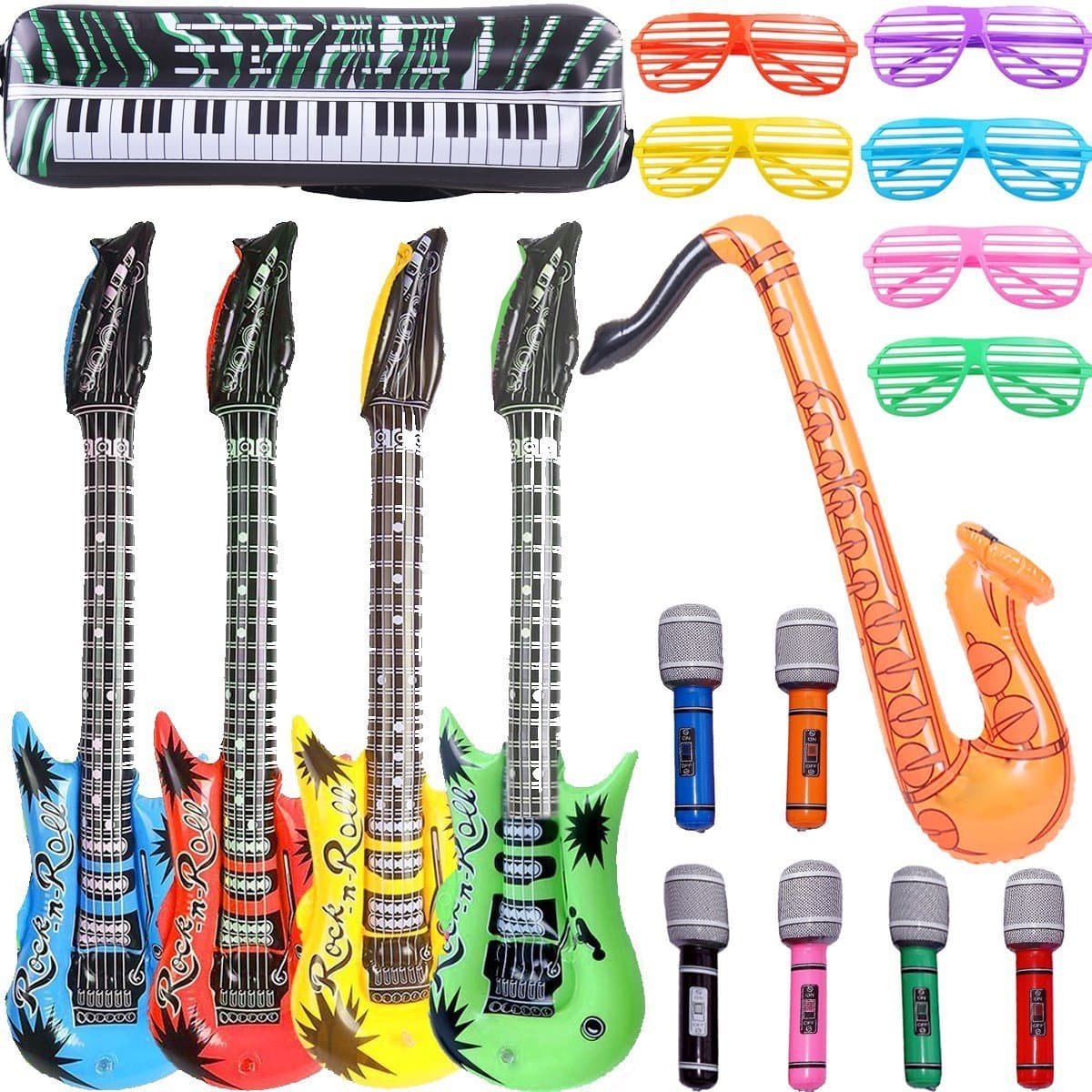 Sponsored Ad – Inflatable Rock Star Toy Set - 18 Pack Inflatable Party Props, 4 Guitar, 6 Microphones, 6 Shutter Shading Glasses, 1 Saxophone and 1 Keyboard Piano Inflatable Rock Toys