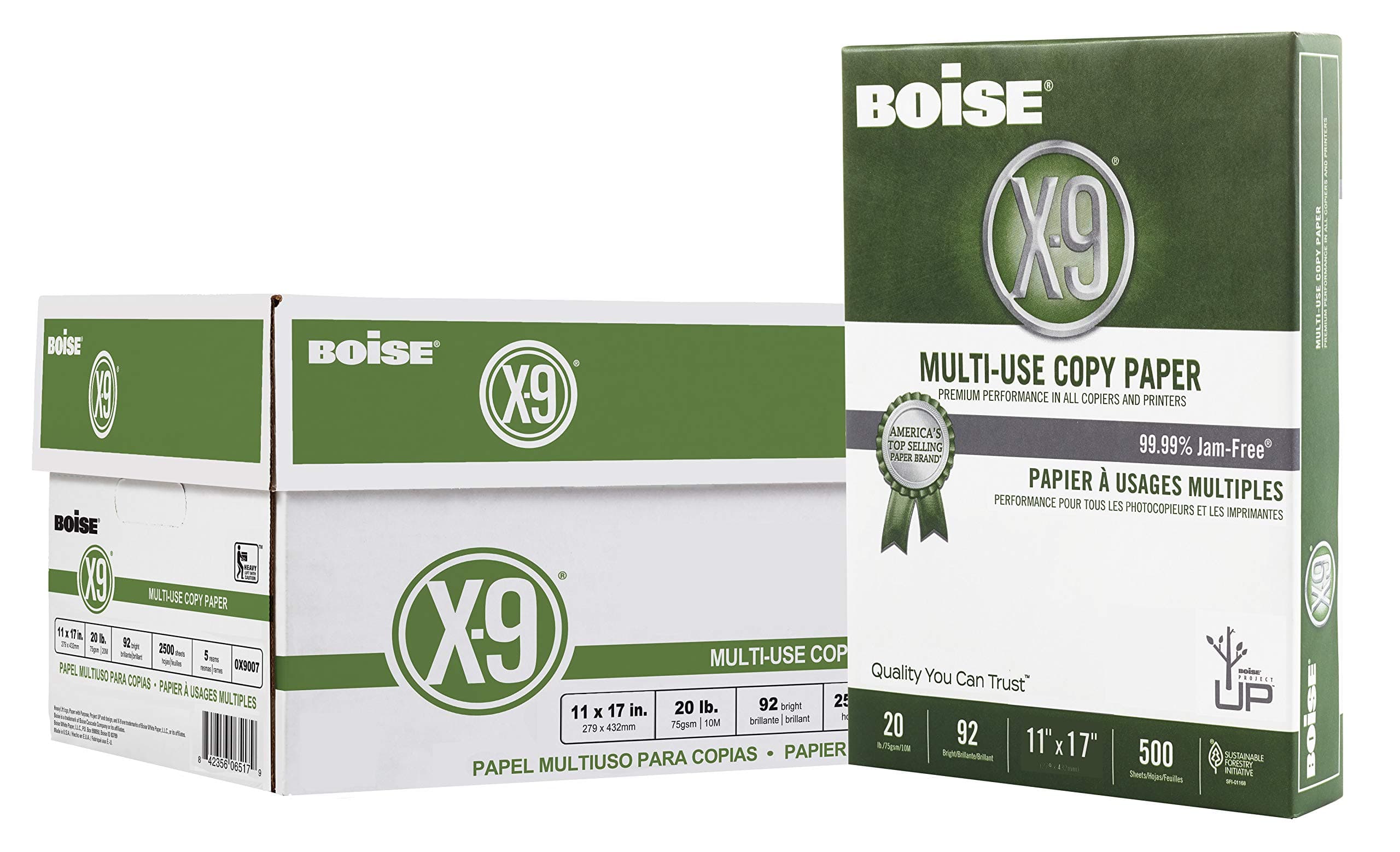 Boise X-9 Multi-Use Printer & Copy Paper, 5 Reams, White, Ledger (11in x 17in), 2500 Sheets Per Case, 20 Lb, 92 Brightness