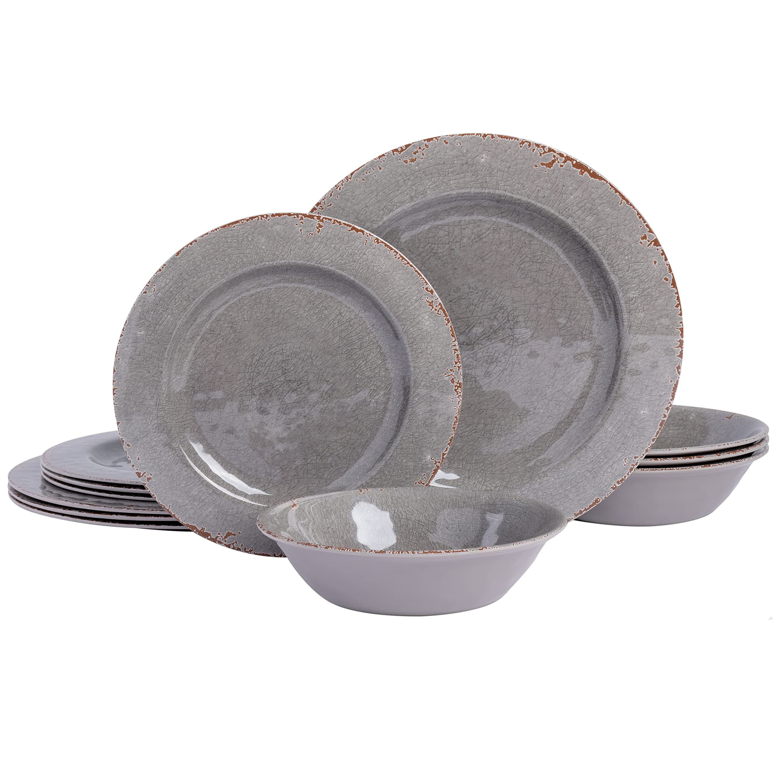 Mauna Melamine Plastic Dinnerware Set, Service for 4 (12pcs), Grey Rustic