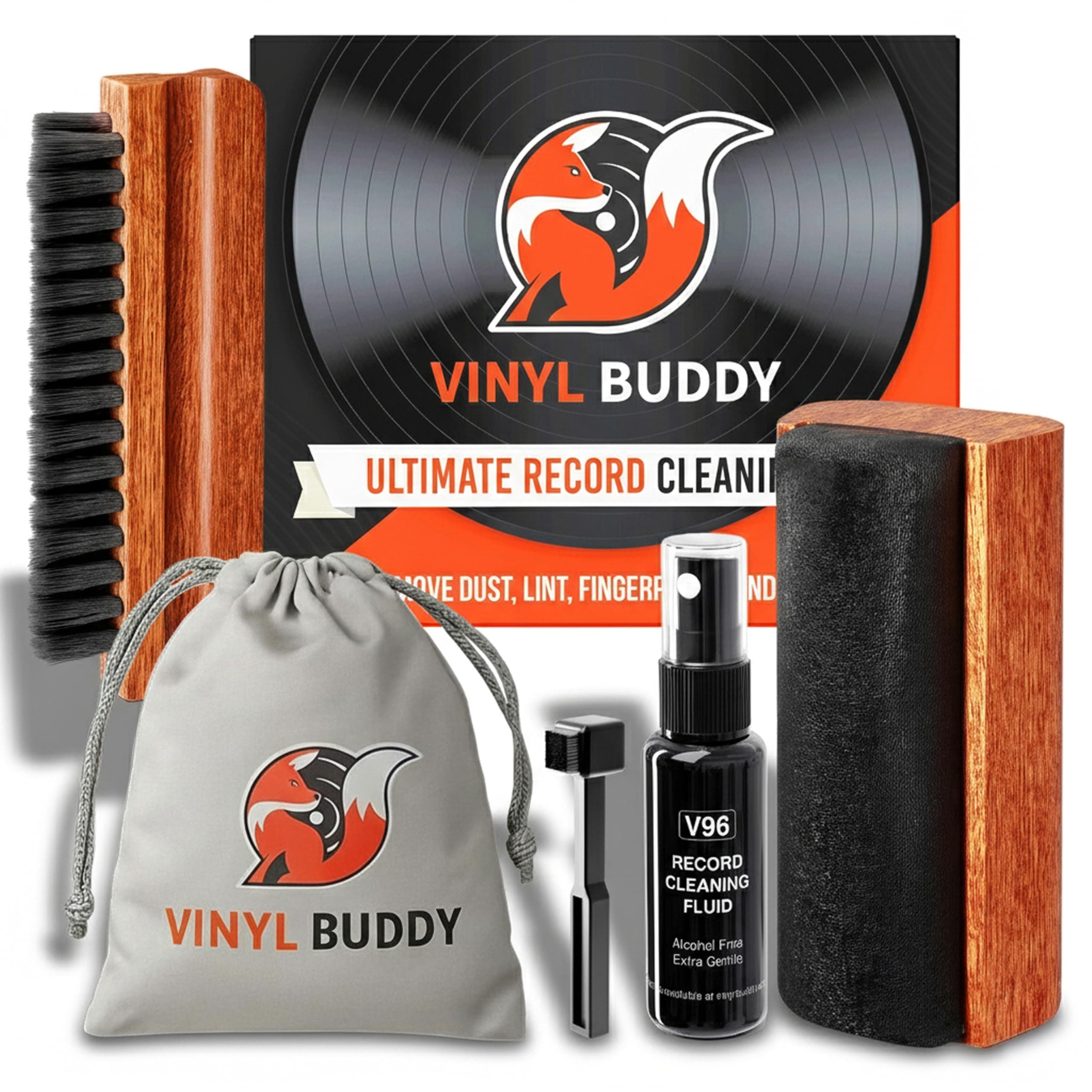 Vinyl Buddy Ultimate 5-Piece Vinyl Record Cleaning Kit | Includes: Velvet, Microfiber & Stylus Brushes, Cleaning Solution & Storage Pouch