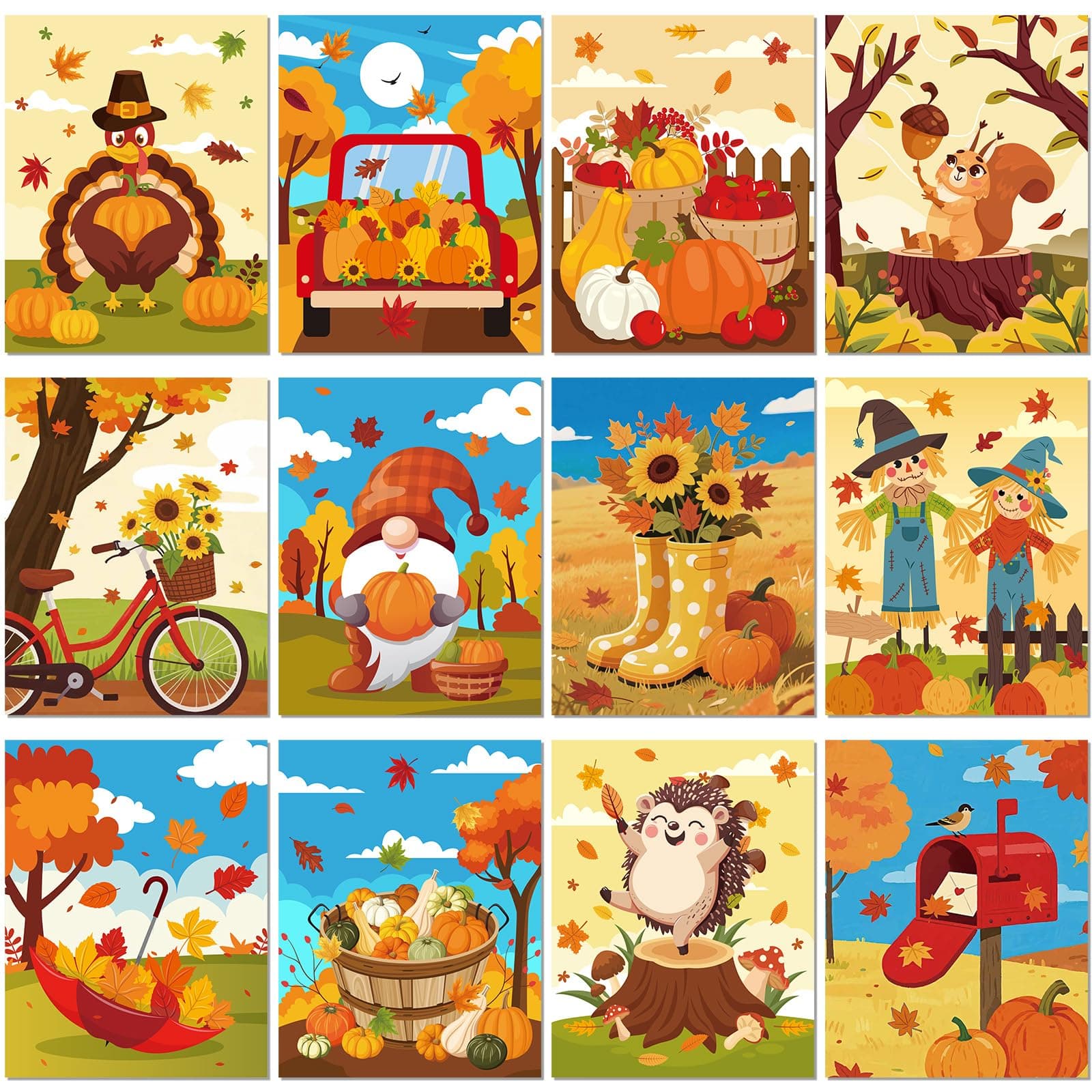 Sherr 12 Pcs Pre Drawn Canvas Pre Printed Canvas Set for Adults Cute Printed to Paint Set Theme Painting for Summer Party Favor(Autumn Harvest,8 x 10 Inch)