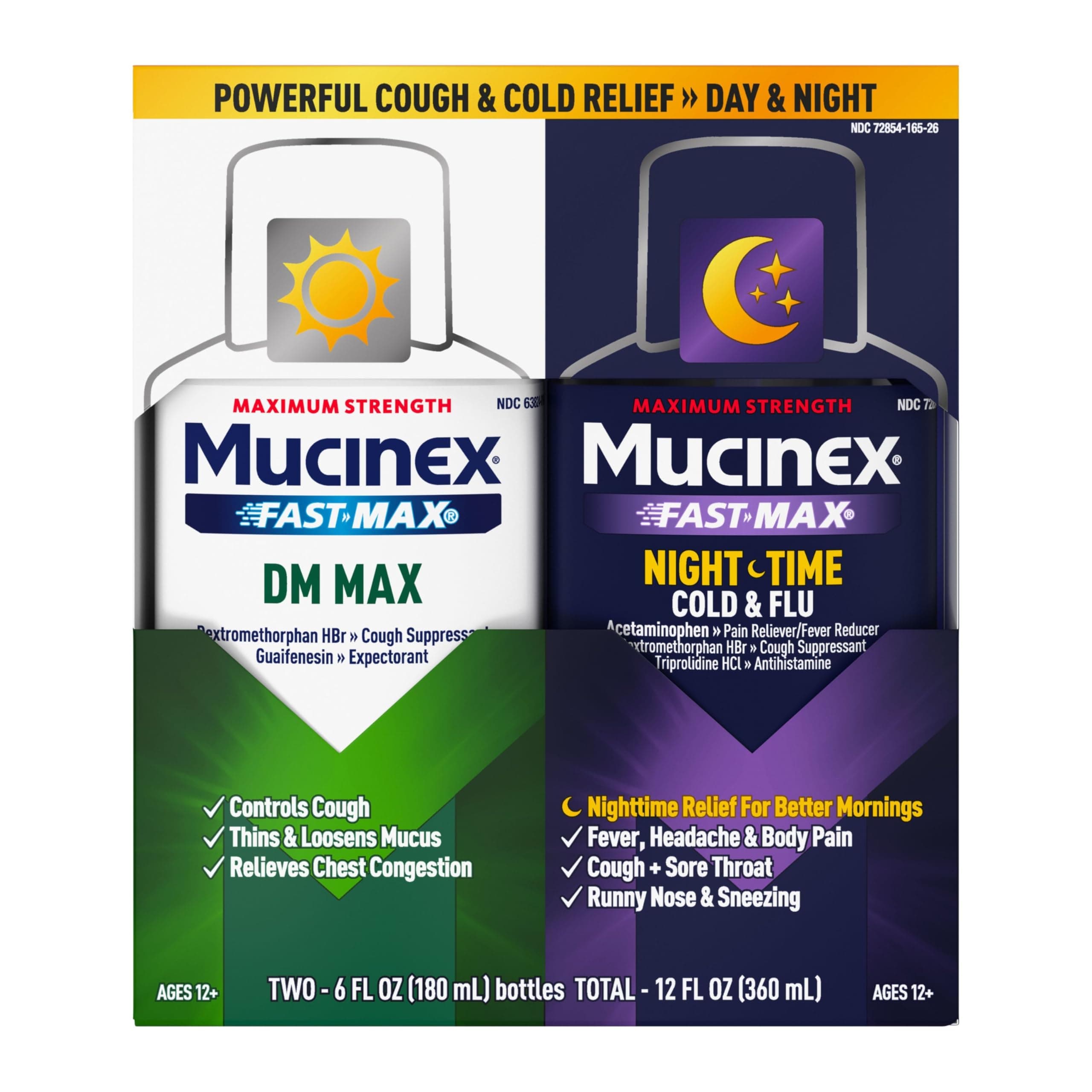 - Maximum Strength Mucinex FastMax DM Max & Mucinex Nightshift Cold & Flu Liquid (2 x 6 fl. oz.) Thins & Loosens Mucus, Relieves Cough & Chest Congestion, Pain, Fever, Sneezing, Sore Throat, Runny Nose