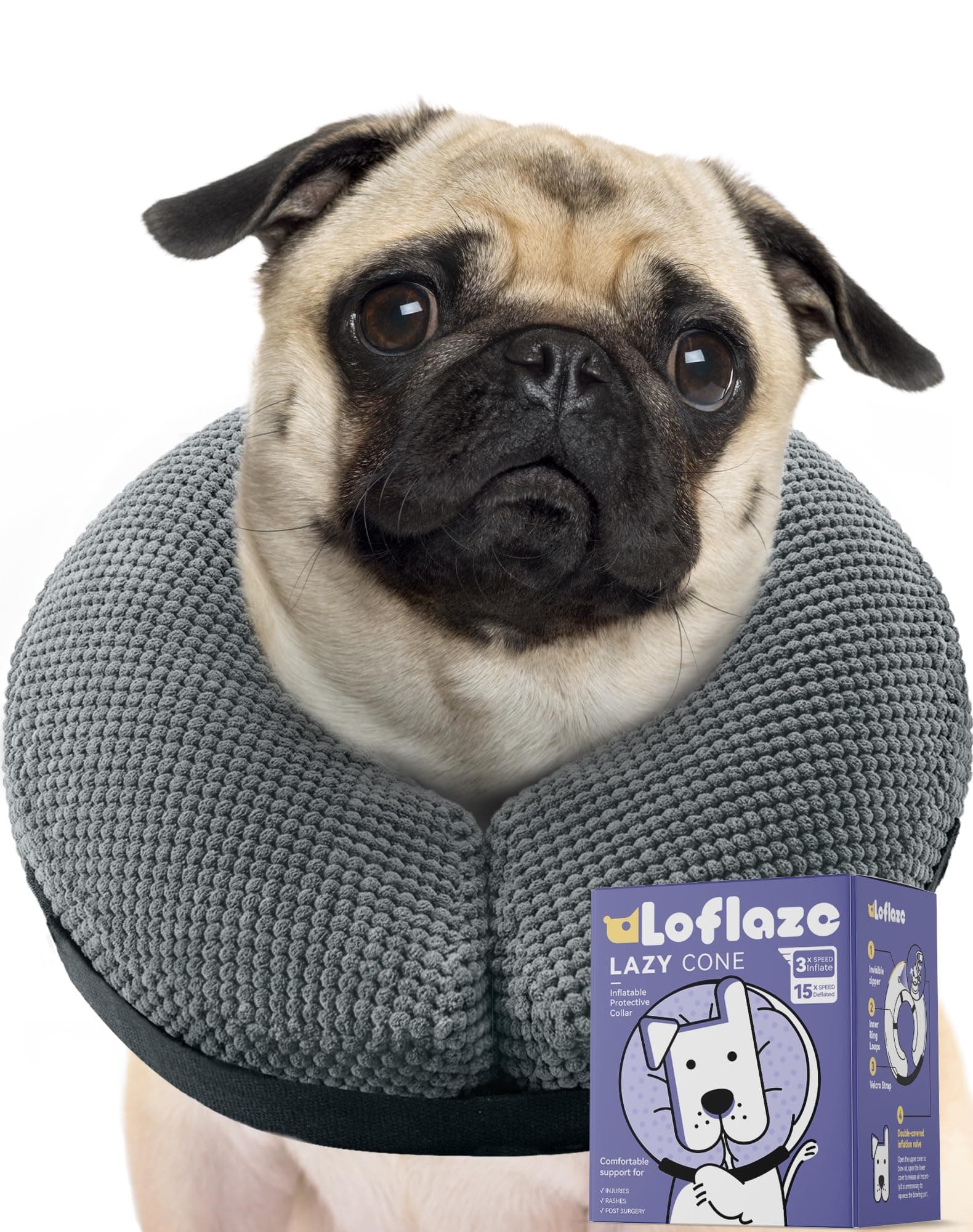 Loflaze Soft Inflatable Dog Cone Collar for Small Medium Large Dogs - Neck Donut E Collar Alternative for Recovery After Surgery - Grey L