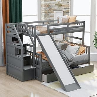 SOFTSEA Twin Over Full Bunk Bed with Storage Drawers Solid Wood Bunk Bed with Stairs and Safety Guardrail