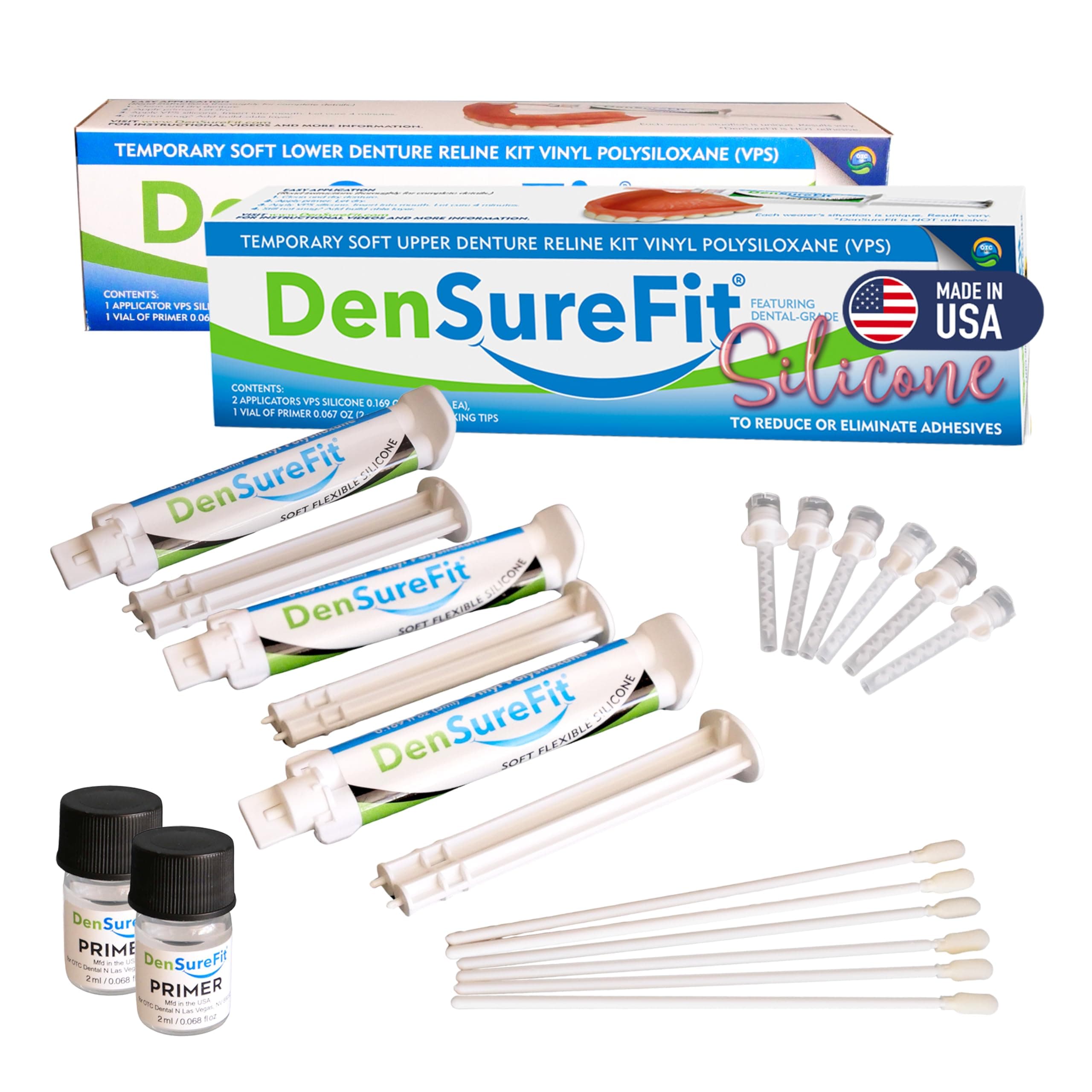 Densurefit Silicone Kit for Upper and Lower Denture, 3-6 Month Soft Silicone Dentures Repair Set to Refit and Tighten, Easy to Use Reline Set with Larger Primer and Applicators for Comfortable Fit