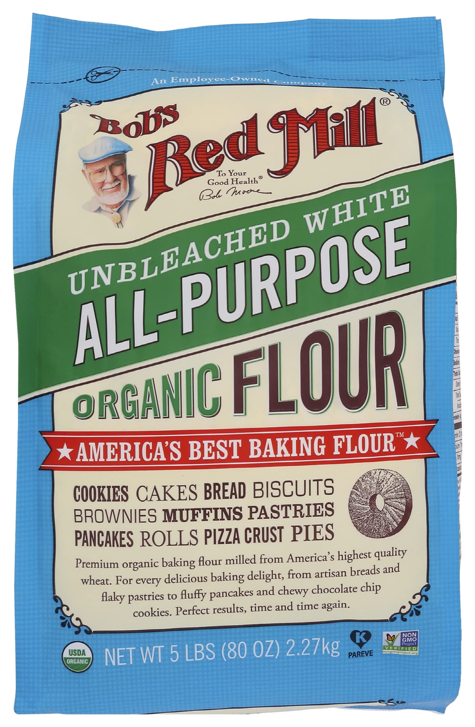 Bob's Red Mill Organic Unbleached All Purpose Flour, 5lb (Pack of 1) - Vegan, Kosher, Unbromated, Unenriched