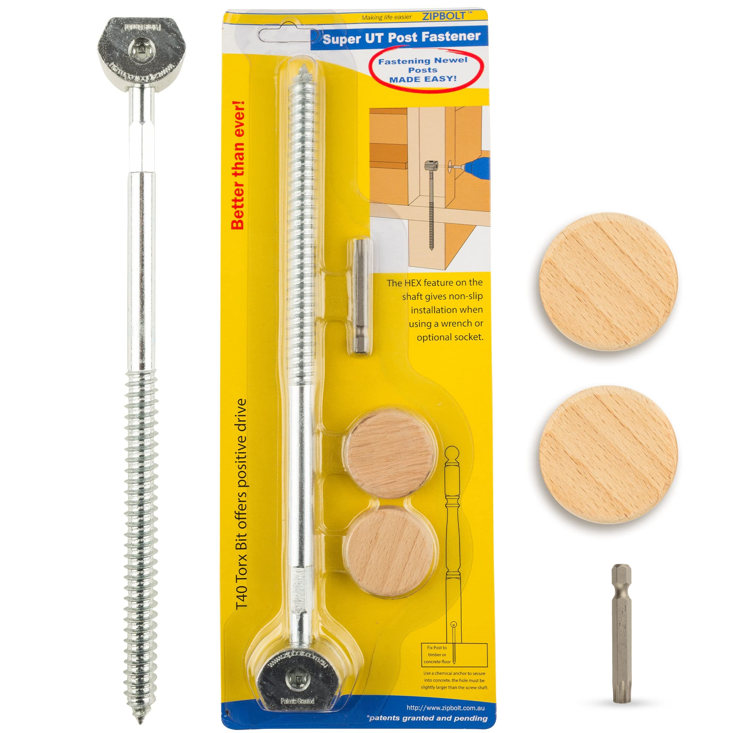 Zipbolt 14.110 Super UT Newel Post Fastener — Quick and Easy Wrench-Free Installation of Staircase Newel Posts, Anchors Post Directly to Wood or Concrete Floor