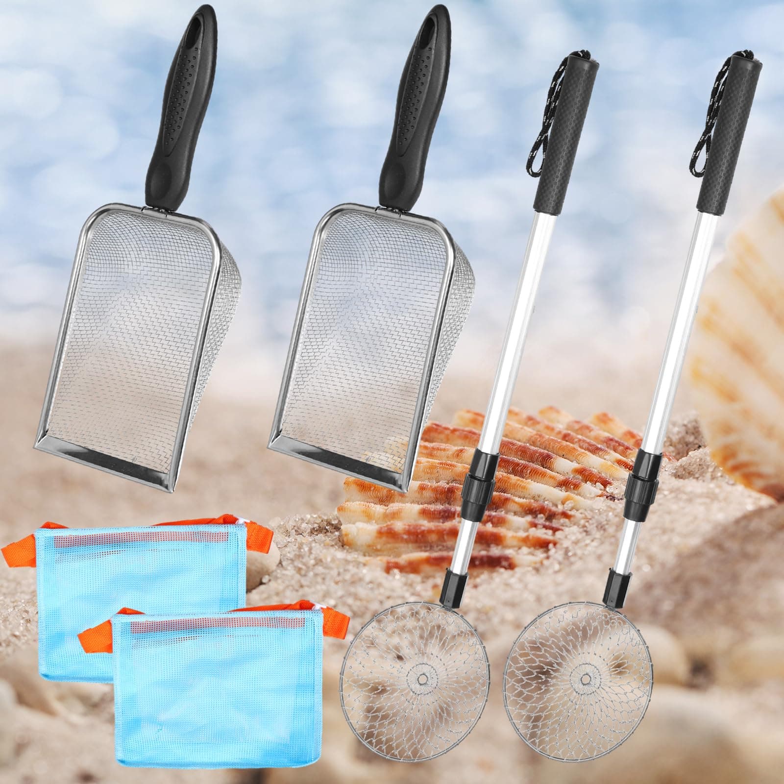 6pcs Shelling Tools for Beach, Shark Tooth Sifter, Sand Sifter with Long Adjustable Handle, Beach Mesh Shovel, Sand Scoop for Kids Girls Boys Collecting Shells Beach Toys