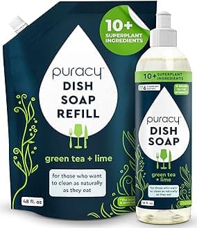 Puracy Gel dish soap Refill and Bottle Packs - 1-Pack Liquid Dishwashing Detergent Refill (48oz) and Kitchen Soap Bottles (16oz) - Plant-Based Liquid, Green Tea & Lime.