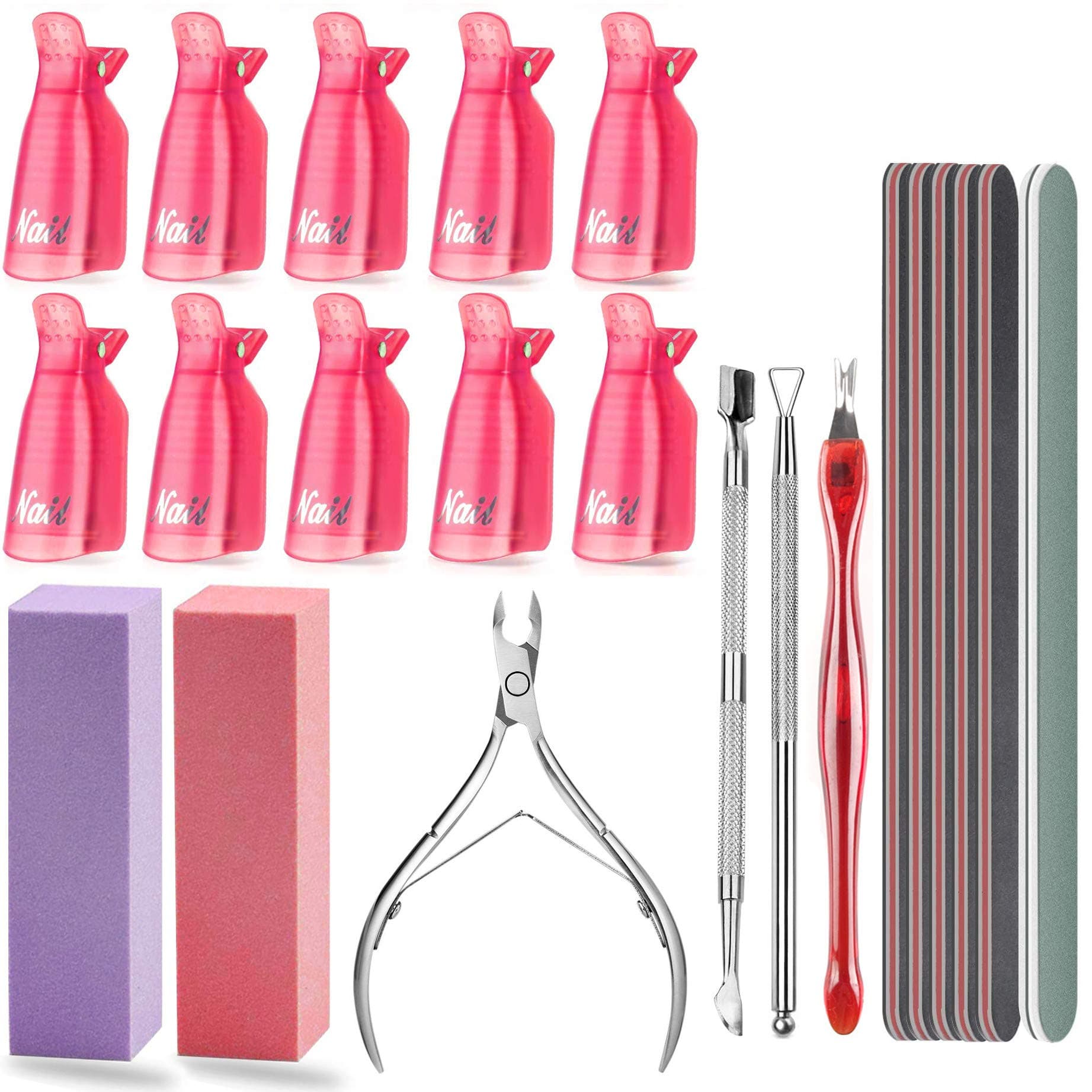 Nail Polish Remover Tool Kit, Triangle Cuticle Peeler Scraper, Cuticle Pusher, Cuticle Nipper, Cuticle Clippers, Nail Polish Remover Clips, Double Sided Nail Buffer Files, Buffer Block Grits