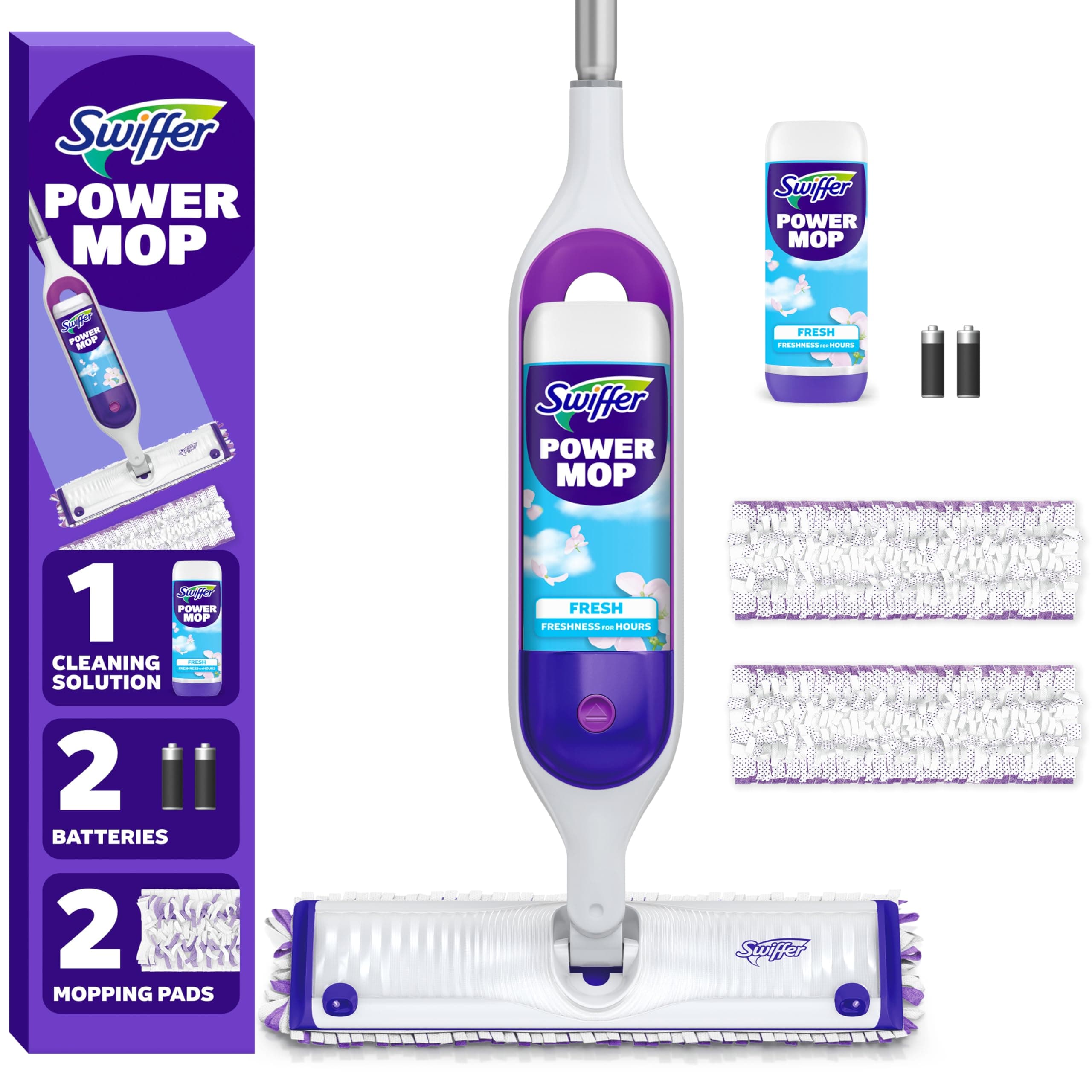 Swiffer PowerMop Multi-Surface Mop Kit for Floor Cleaning, Fresh Scent, Mopping Kit Includes PowerMop, 2 Mopping Pad Refills, 1 Floor Cleaning Solution with Fresh Scent and 2 Batteries