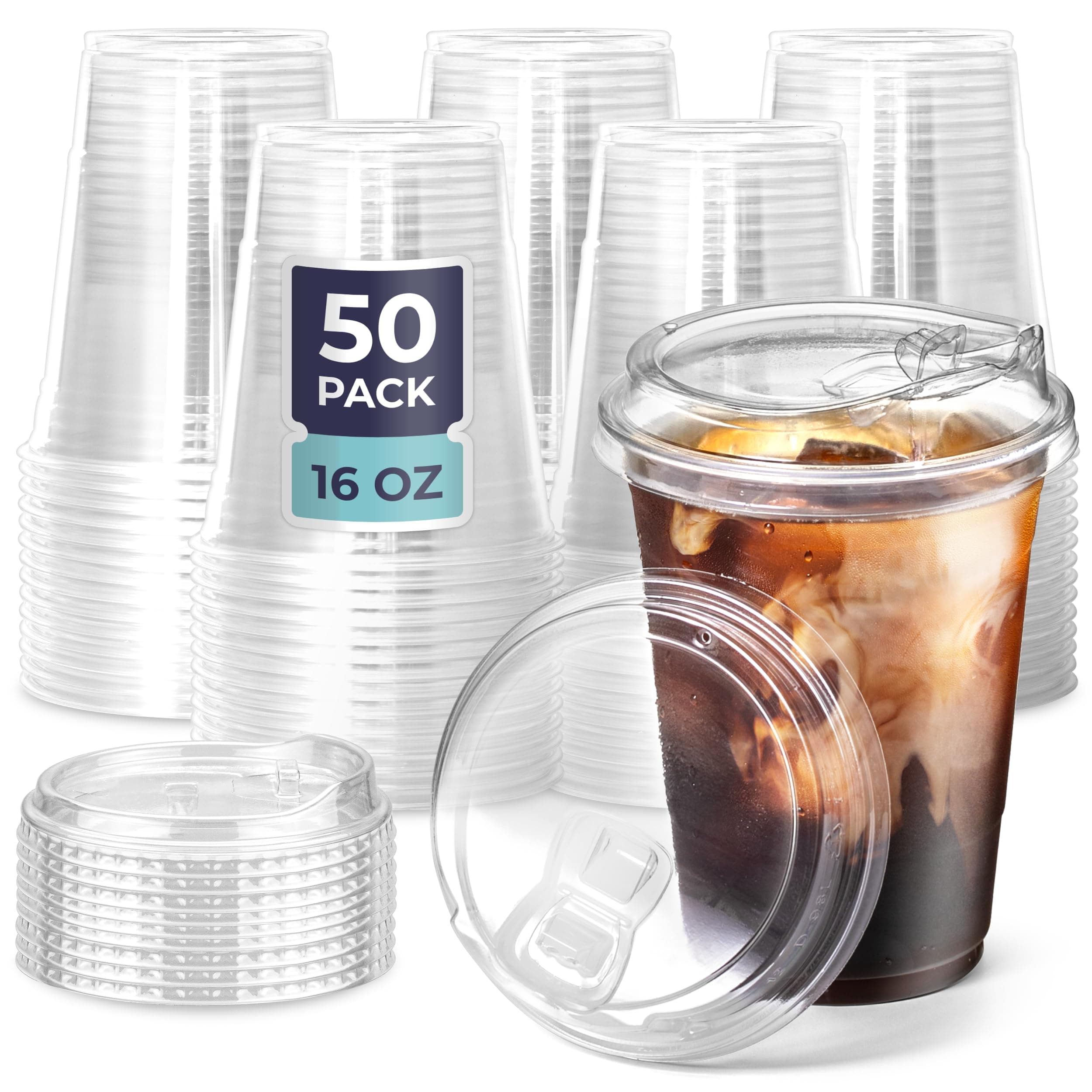 50 Pack 16 oz Clear Plastic Cups with Strawless Sip Lids, Disposable Plastic Coffee Cups with Lids, To Go Cups for Iced Coffee, Smoothies, Soda, Party Drinks, Bubble Tea, Cold Beverage