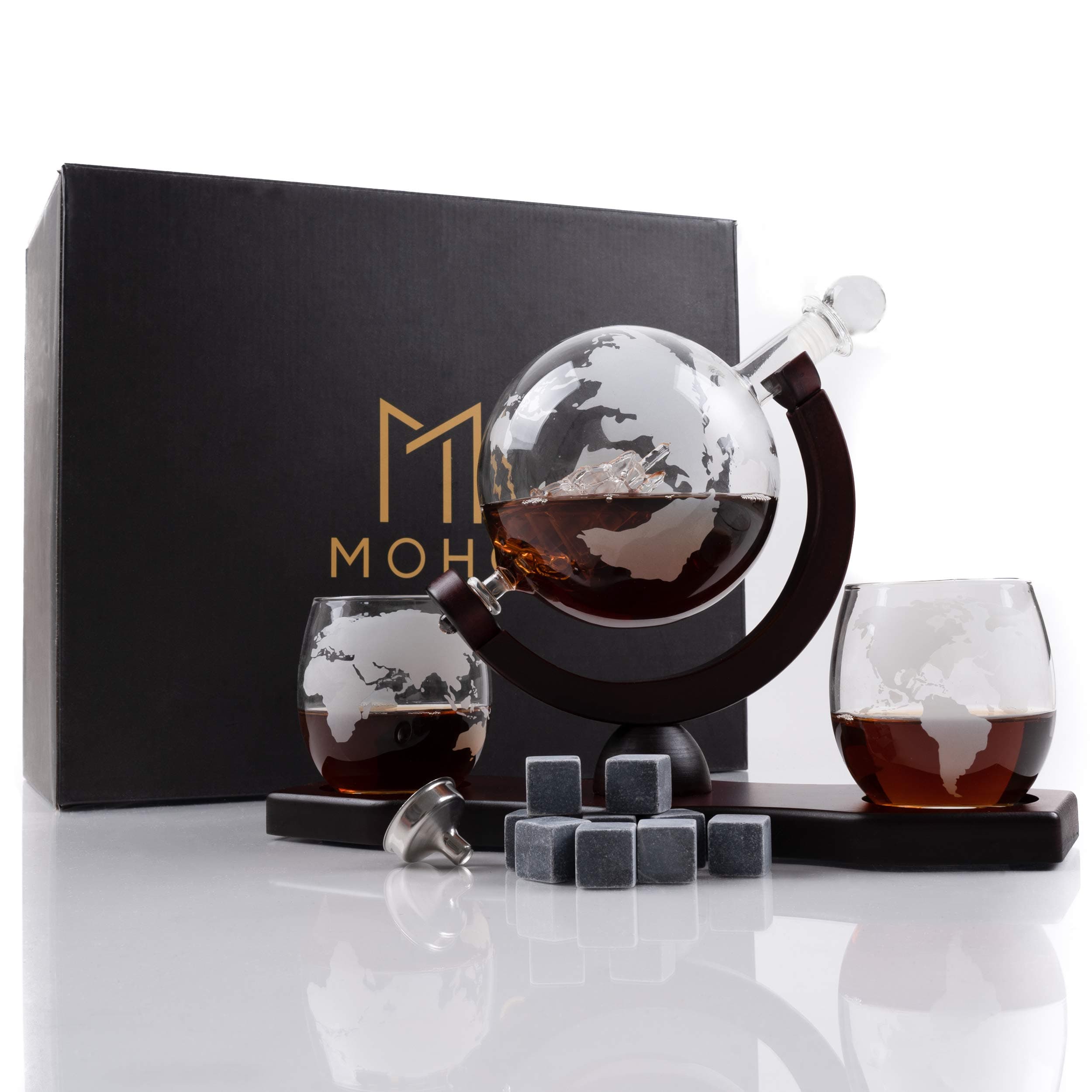 Moho Premium Whiskey Decanter Gift Set , Handmade Globe Decanter Set , 2 Glasses , Ship In a Bottle , Perfect Gift , Man Cave Decor , Bourbon, Scotch , Glass Globe Tequila Decanter , Includes 9 Stones