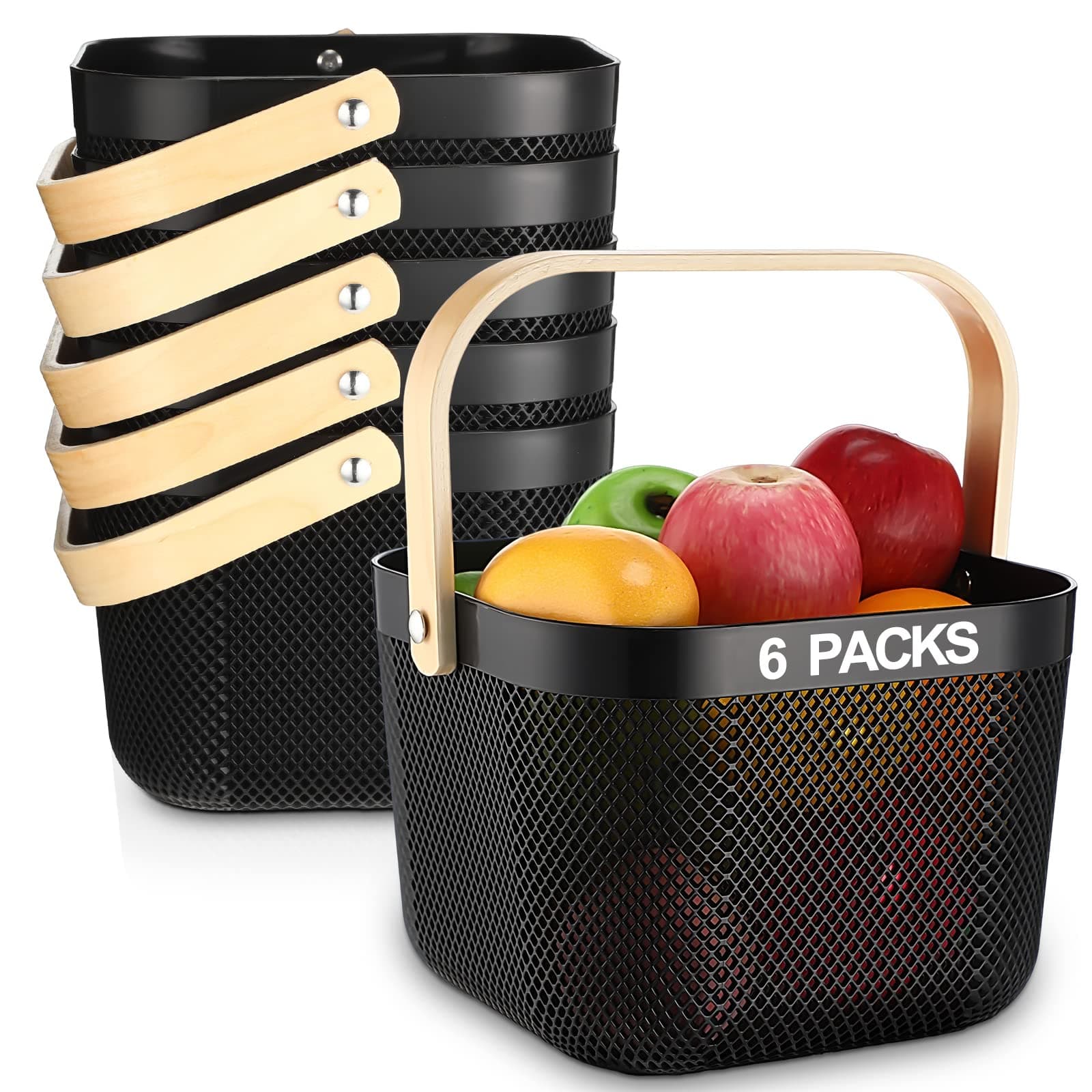 Roshtia 6 Pcs Plastic Mesh Storage Basket with Handle 9.8 x 10.2 x 7.1 Inch Garden Harvest Storage Basket Multi Functional Hanging Organizer for Kitchen Bathroom Picnic Cabinet Home(Black)