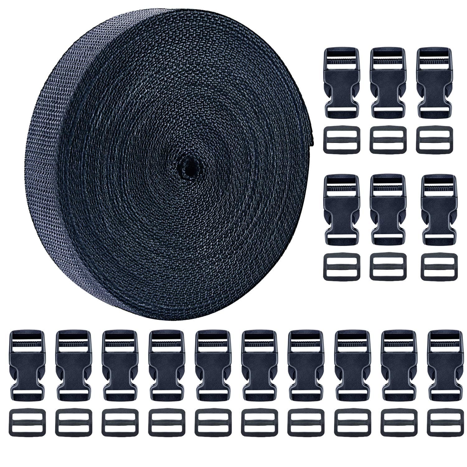 1 Inch 16 Yards Polypropylene Webbing Strap Band with 16 Set 1inch Side Release Plastic Buckles, Black