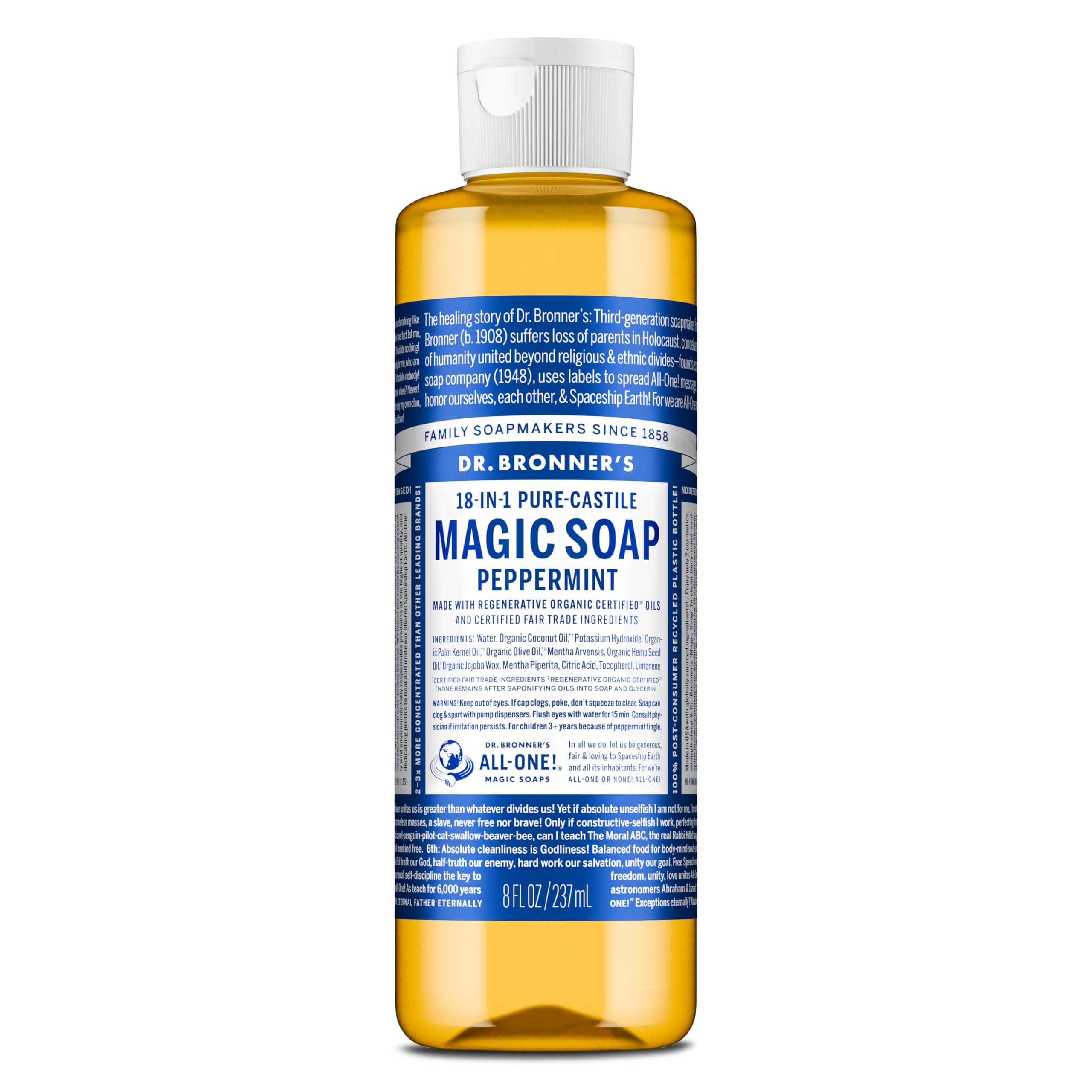 Dr. Bronner's Pure-Castile Magic Liquid Soap (Peppermint, 8 Ounce)- Made with Organic Oils, 18-in1 Uses: Face, Hair, Hand & Body Soap, Laundry, Pets- Concentrated, Vegan, Non-GMO