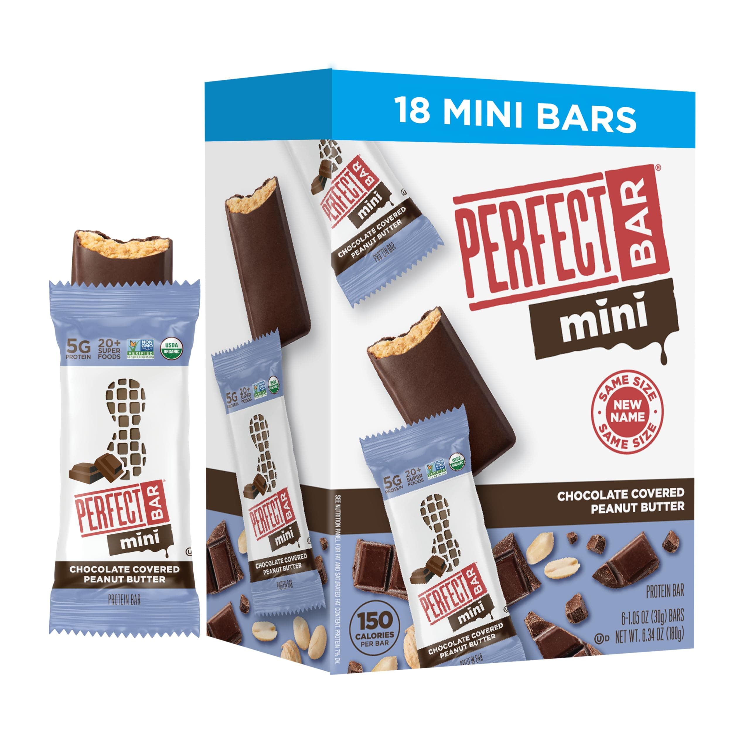 Perfect Bar 18 x Mini Peanut Butter Protein Bars Chocolate Coated Protein Snack Bars Organic Gluten Free Soy Free GMO Free Sugar Alcohol Free 1oz Bars