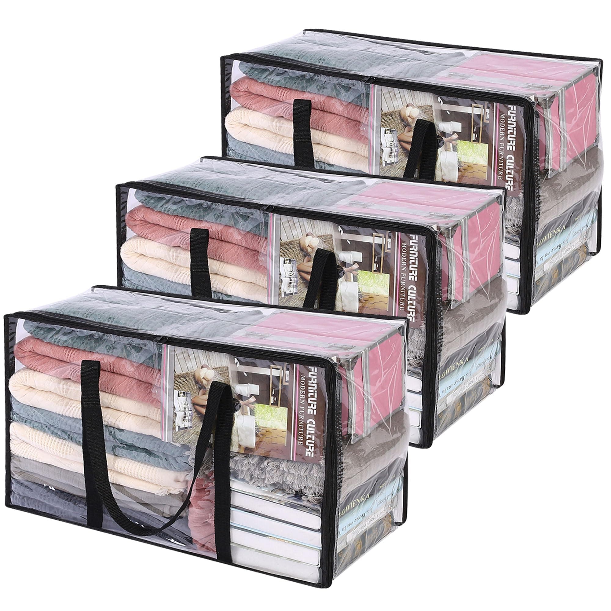 3 Pack Clear Comforter Storage Bag, 60L Clothes Storage Bag with Zipper Closet Organizer, Plastic Storage Containers Moving bags for Comforter, Blanket, Bedding, Duvet, Toys