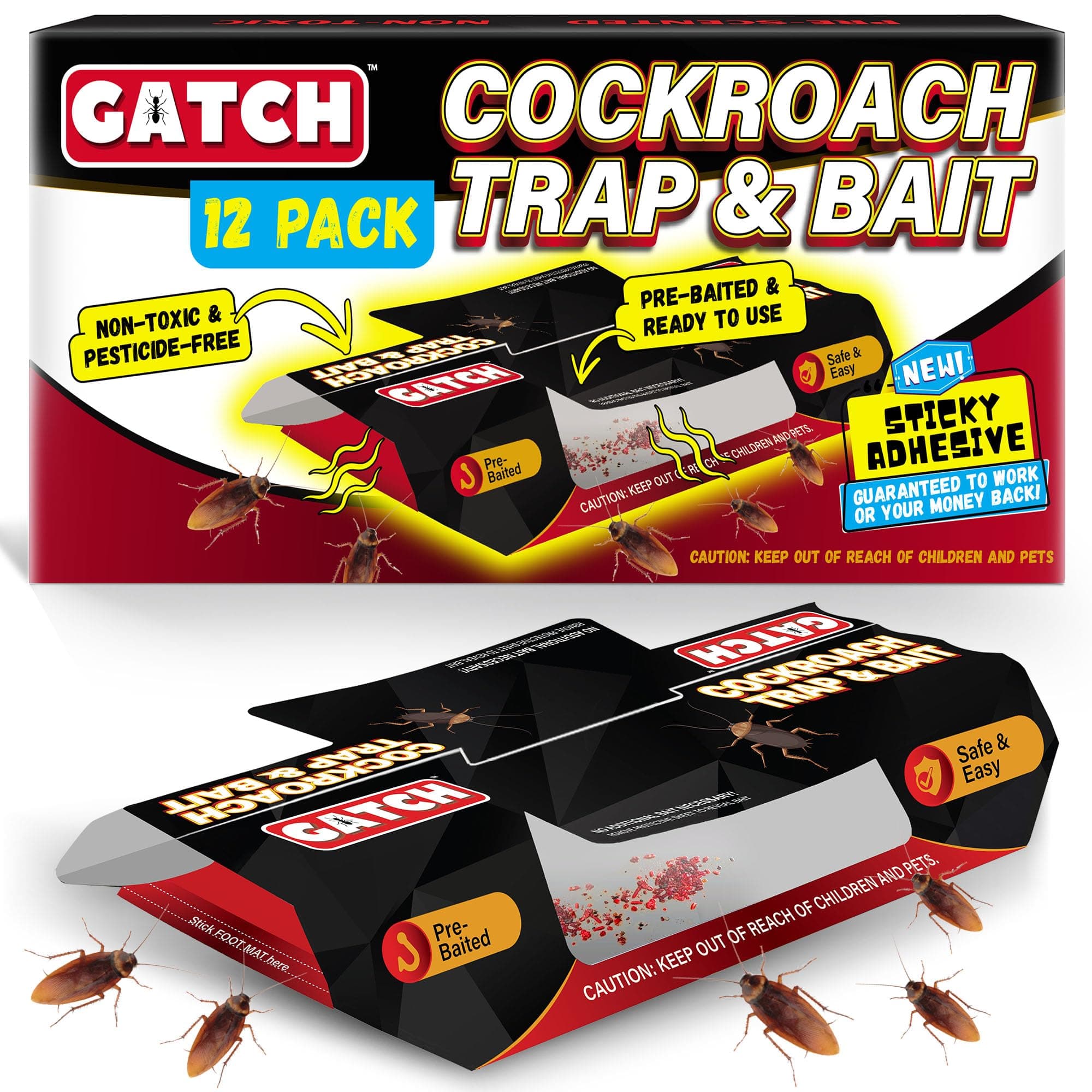 GATCH Cockroach Trap & Roach Killer Indoor Infestation (12 Pack), Sticky Baited Glue Traps for Roaches and Insects, Home Bug Ant Spider Cricket Bait Traps, Ready to Use Pet Friendly House