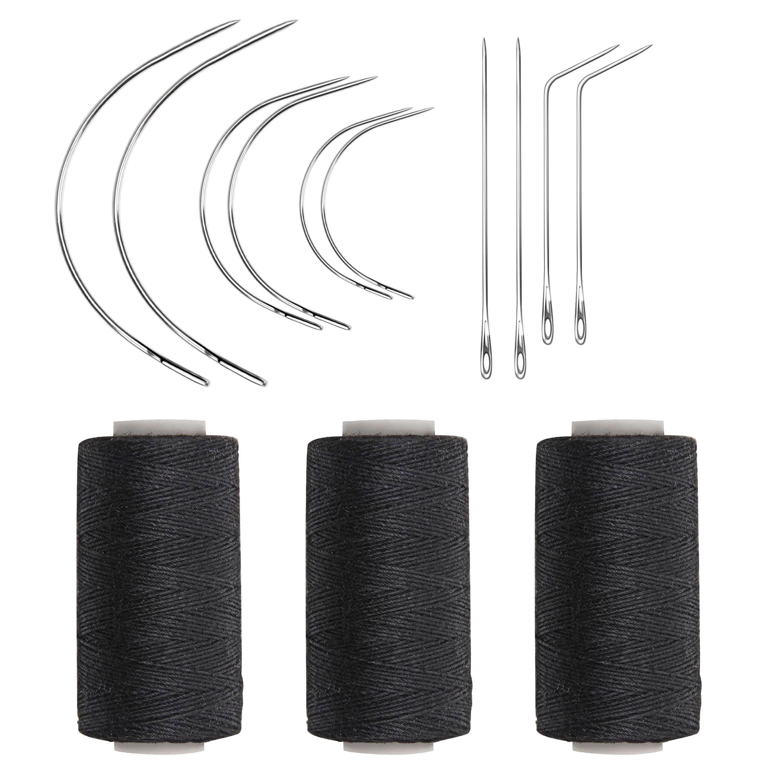 Weaving Needle Combo Deal Black Thread with 10pcs Needle for Making Wig Sewing Hair Weft Hair Weave Extension, Big Medium and Small C J Shape Curved Needle I Needle (3 Thread Black + 10 Needle)