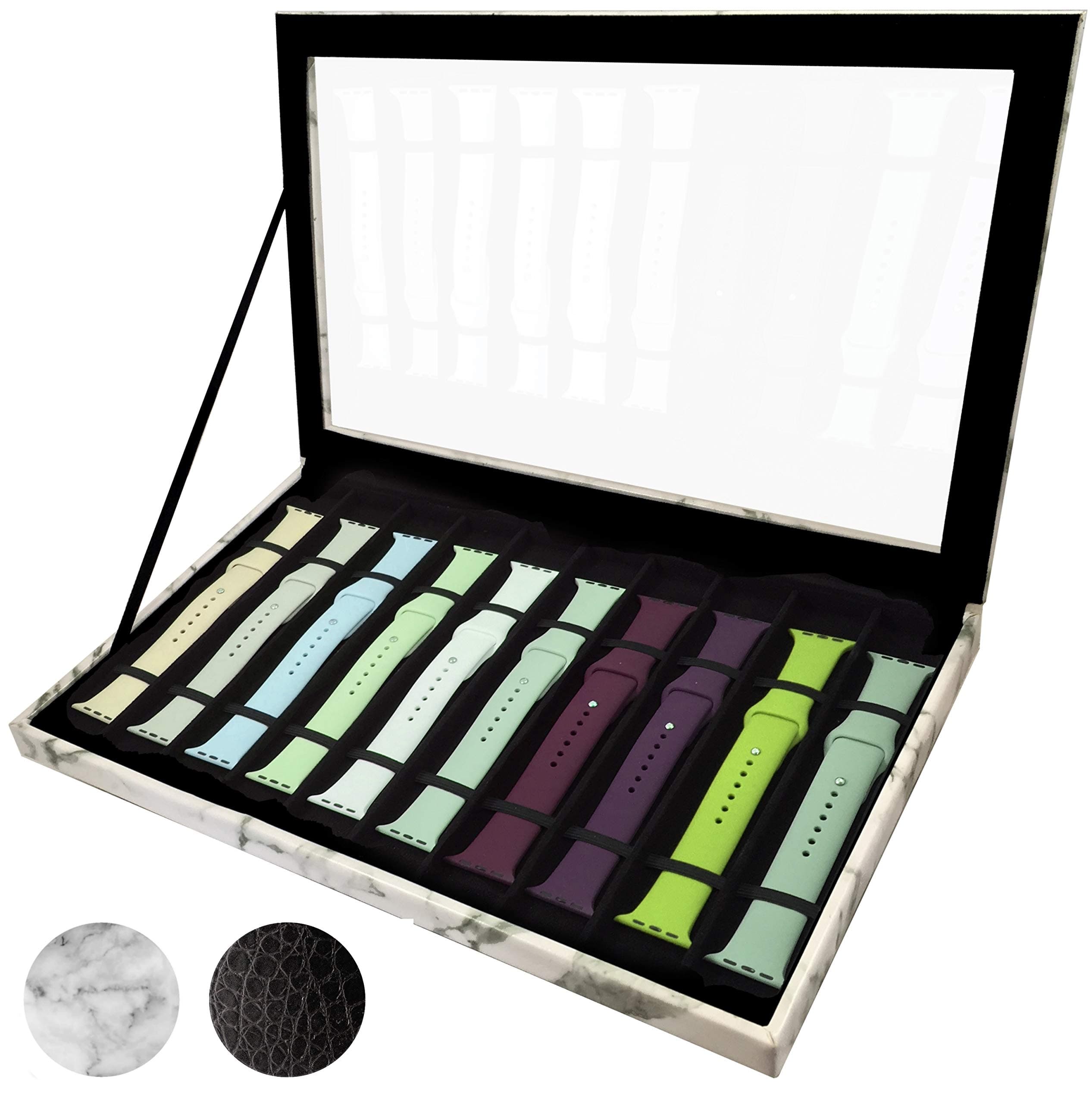 Zero MassZero Mass Luxurious Velvet & Leatherette Storage Case Organizer for Apple Watch Bands, Stores 10-20 Smartwatch Straps (White Marble)