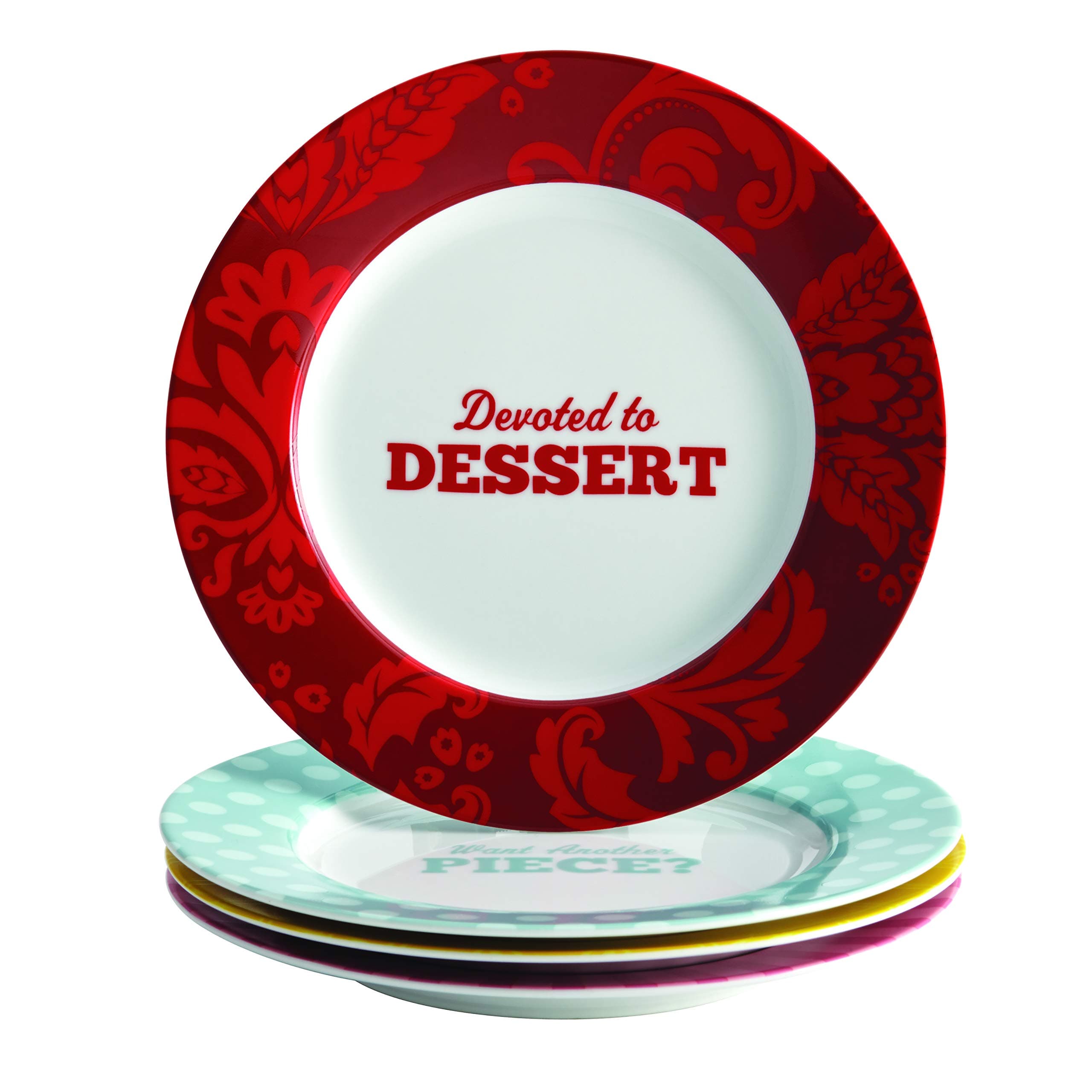 Cake Boss Serveware 4-Piece Porcelain Dessert Plate Set, "Patterns & Quotes," Print