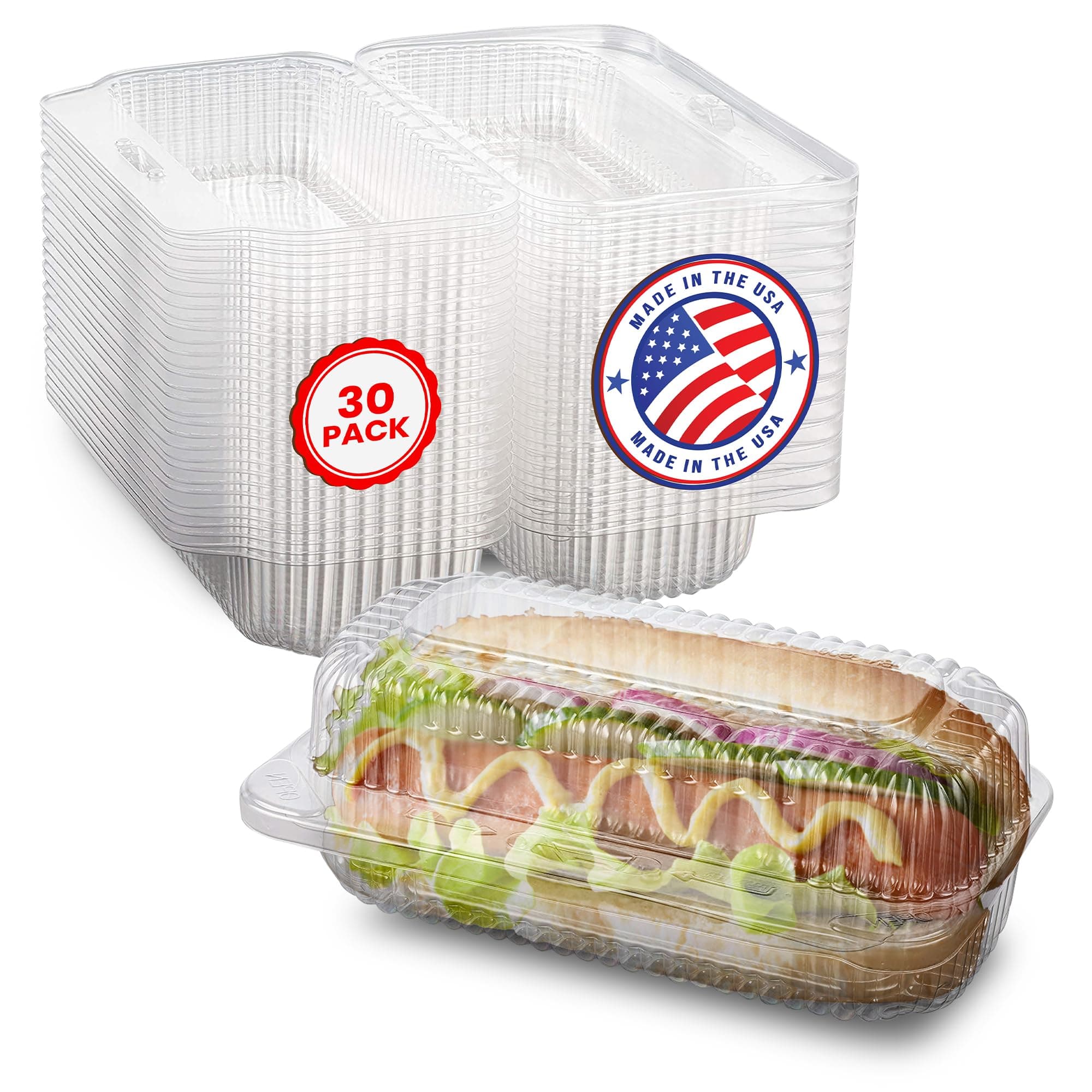 Plastic Hot Dog Container - 6.5" x 2.75" x 2.6" - Take Out Containers with Hinged Lid for Salads, Desserts, Sandwiches, and Cookies (Pack of 30) - Made in USA