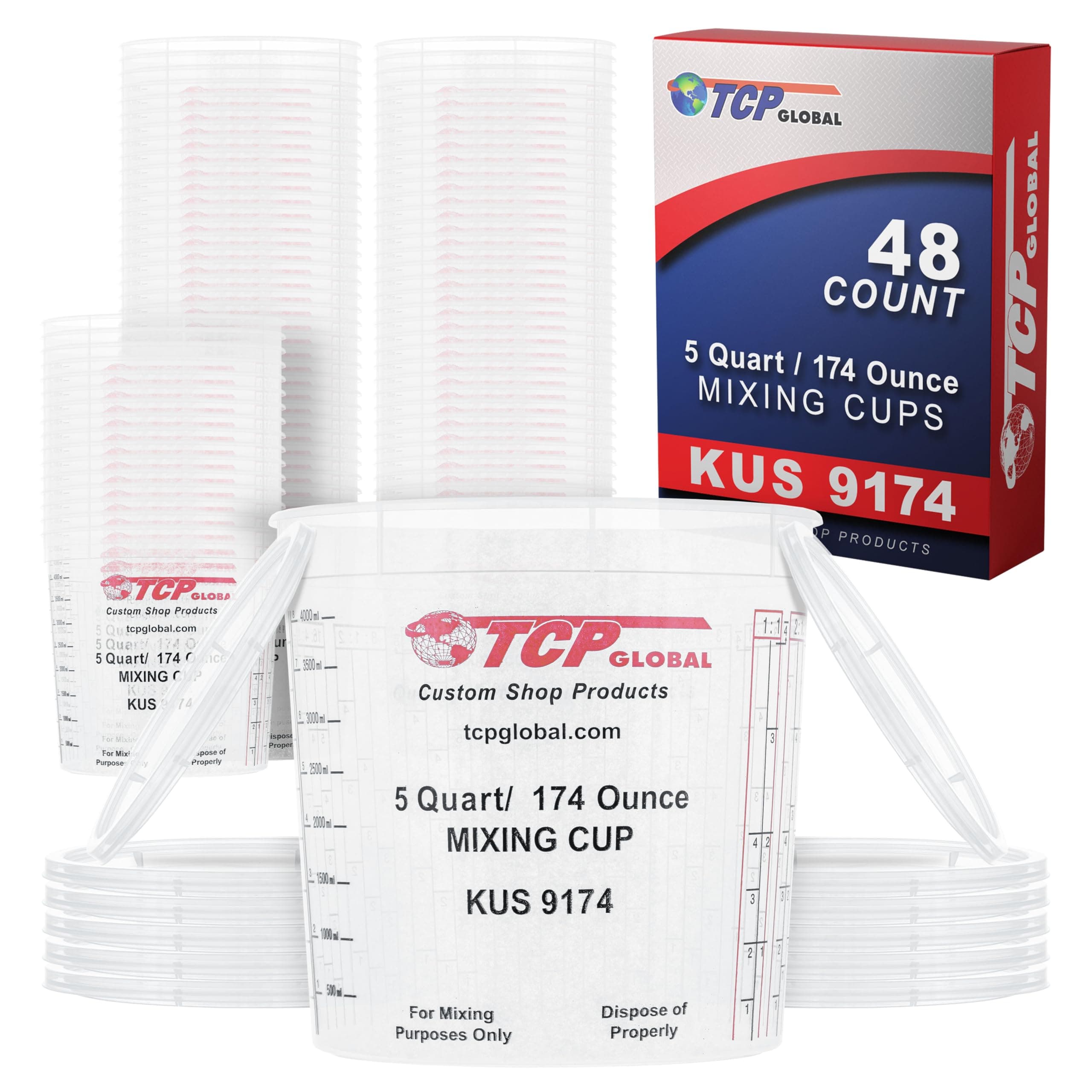 Custom Shop Paint Mixing Cups, 5-Quart (48 Pack) - Plastic Measuring Cups for Liquids, Automotive Painting, Epoxy Resin, Acrylic Arts, Crafts, Disposable or Reusable, Graduated, Mixing Ratios