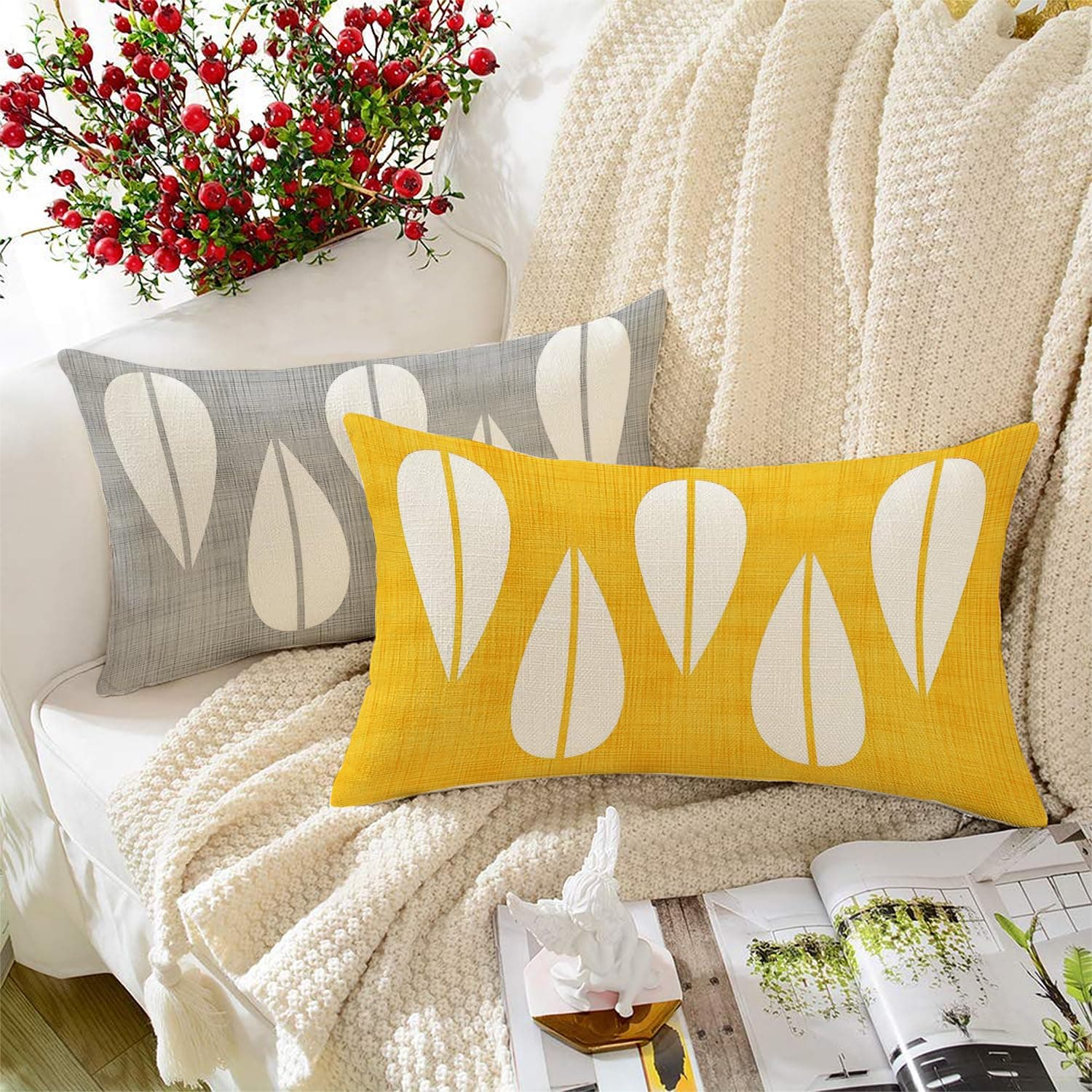 Leaf Yellow Grey Printed Canvas Cotton Cushion Covers, Set of 2 (12 x 18 Inches with Filler)