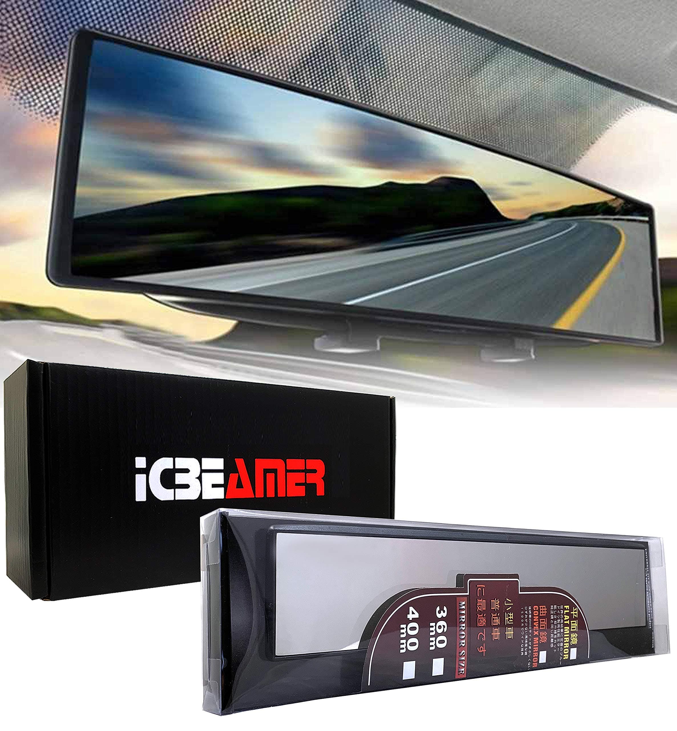 14.2" ICBEAMER Clip On Rear View Mirror | Flat Clear Tint, Panoramic Wide Angle HD Glass, Anti Glare, Universal Fit for Car, SUV, Truck | Eliminates Blind Spots (1 Pack)