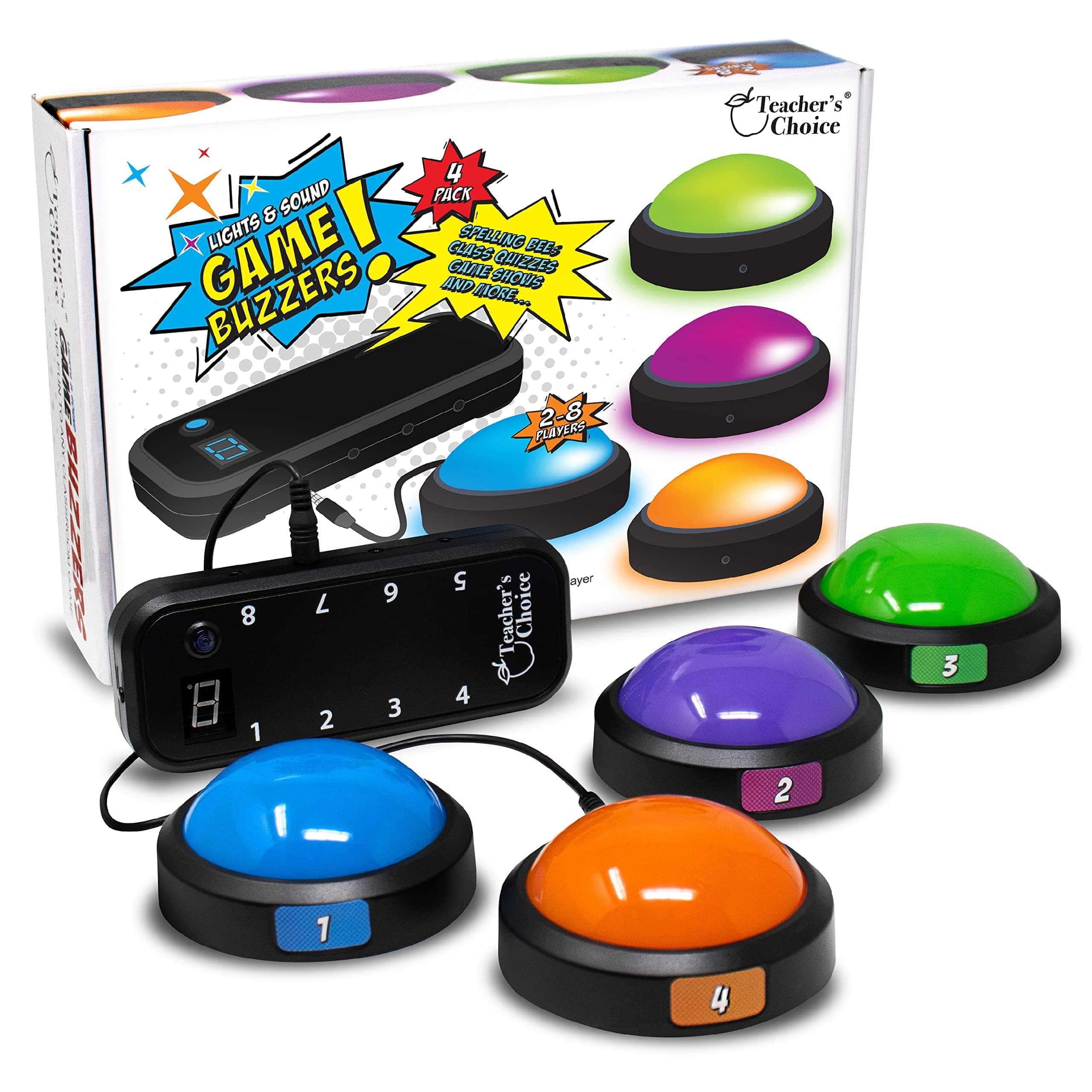 Teacher's Choice 4 Player Light Up Game Buzzer System | Displays The Winning Player | Loud, Unique Sounds for Each Buzzer, Great for Trivia Games, Family Feud, Jeopardy, Competition, Spelling Bees