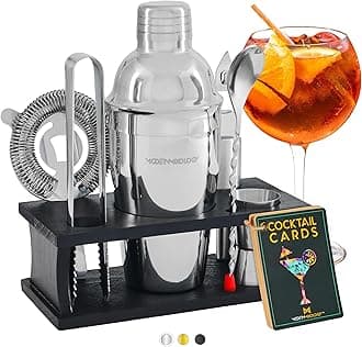 Modern Mixology Cocktail Shaker Set - 8 Piece Bartender Kit on Quality Pine Stand | Complete Cocktail Kit Gift Set | Top Bartender Gifts for Men | Leak Proof Design (Silver)