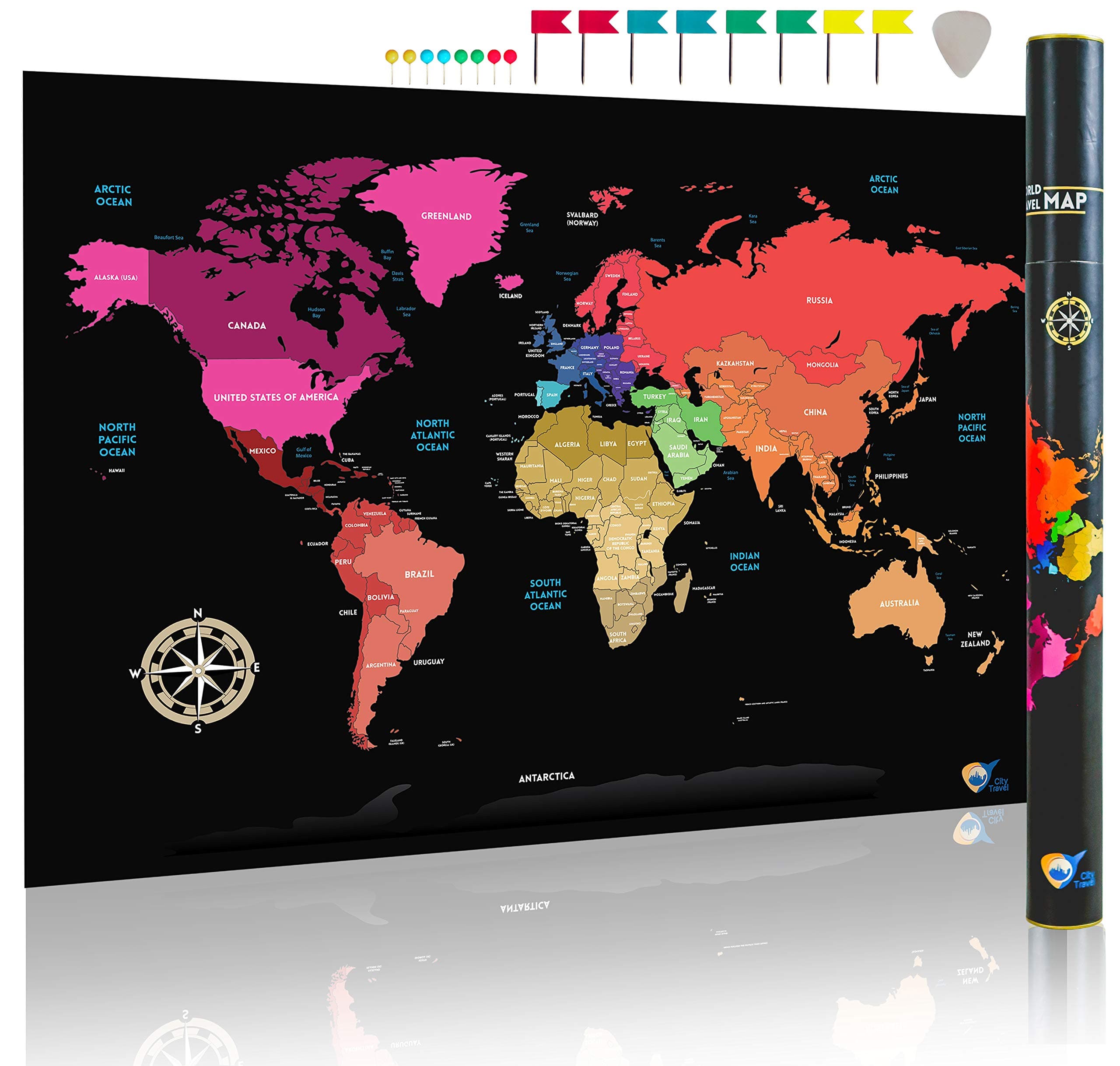 Scratch Off World Map | Minimalist poster design with all countries to discover | Great XL size: A1 | Gift for Travelers | With scratch tool and pins for visited countries (by City Travel)