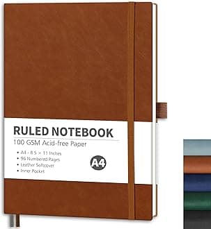 Lined Journal Notebook, 96 Numbered Pages, A4 Large Size (8.5'' x 11''), for Men & Women, Journaling, Writing, Work & Office, Leather Softcover, 100 GSM Thick Paper (Brown)