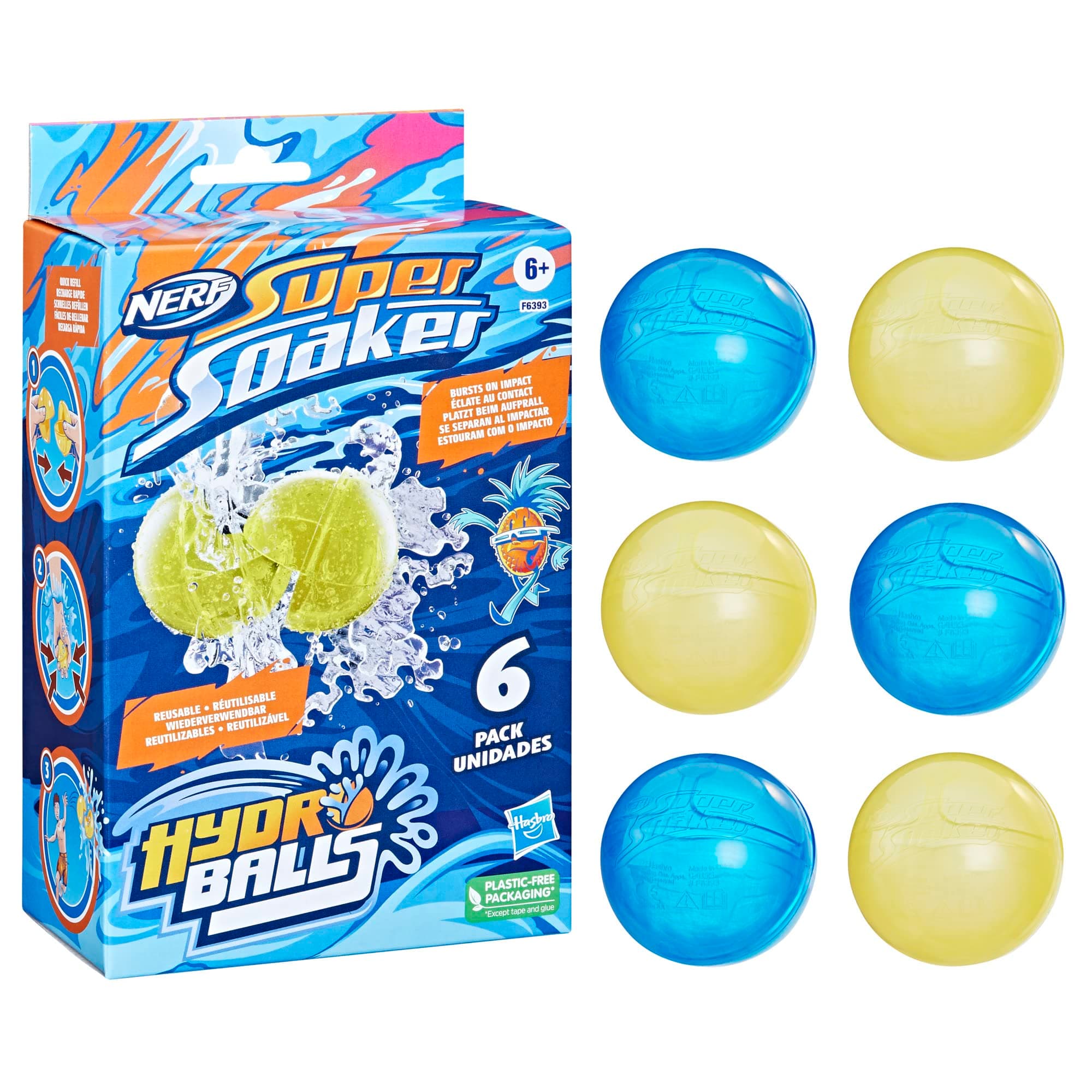 Nerf Super Soaker Hydro Balls 6-Pack, Reusable Water-Filled Balls, Ages 6 and Up