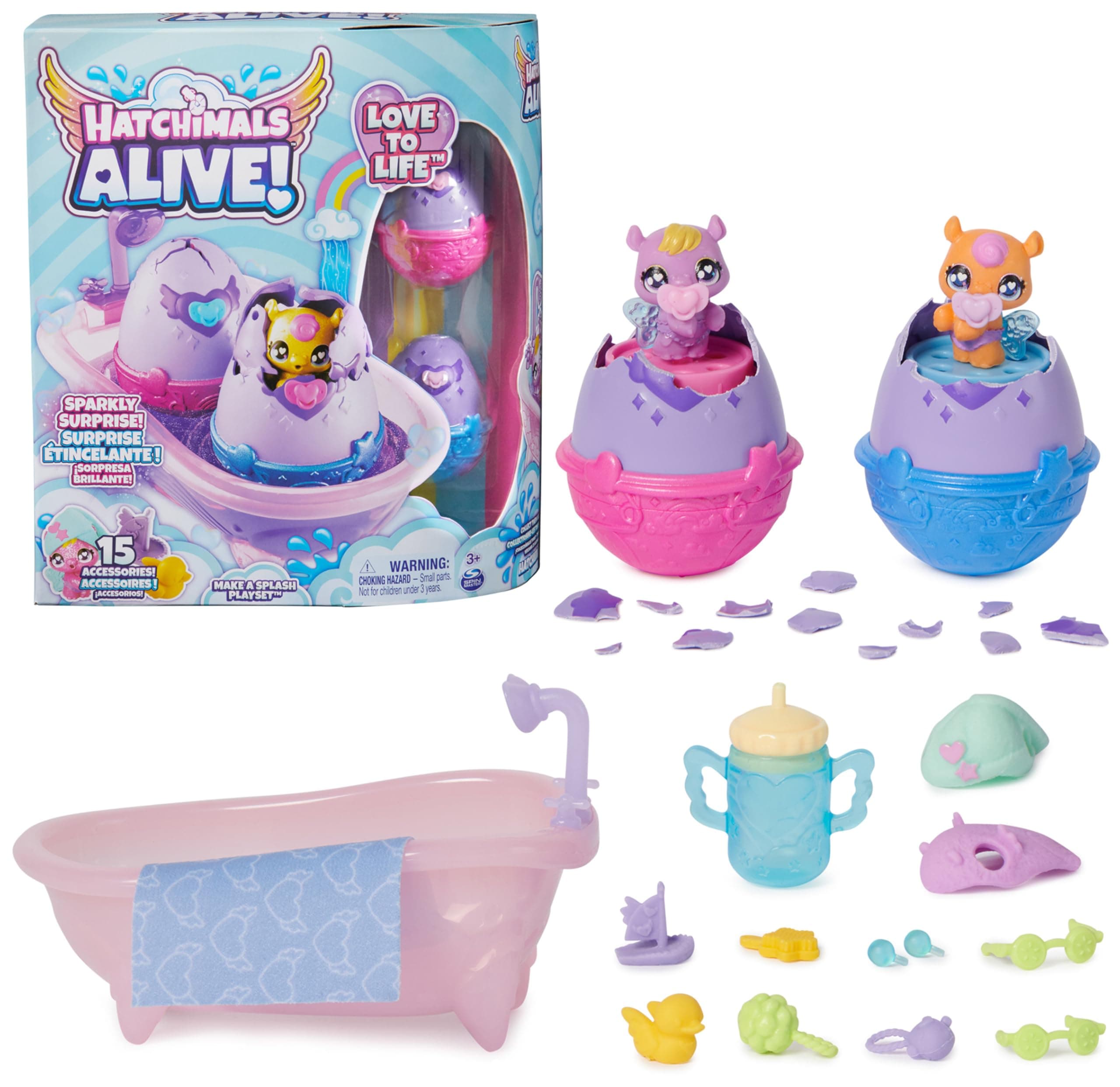 Hatchimals Alive, Make a Splash Playset, Cute Easter Basket Stuffers, Includes 15 Accessories, Bathtub, 2 Color-Change Figures in Self-Hatching Eggs