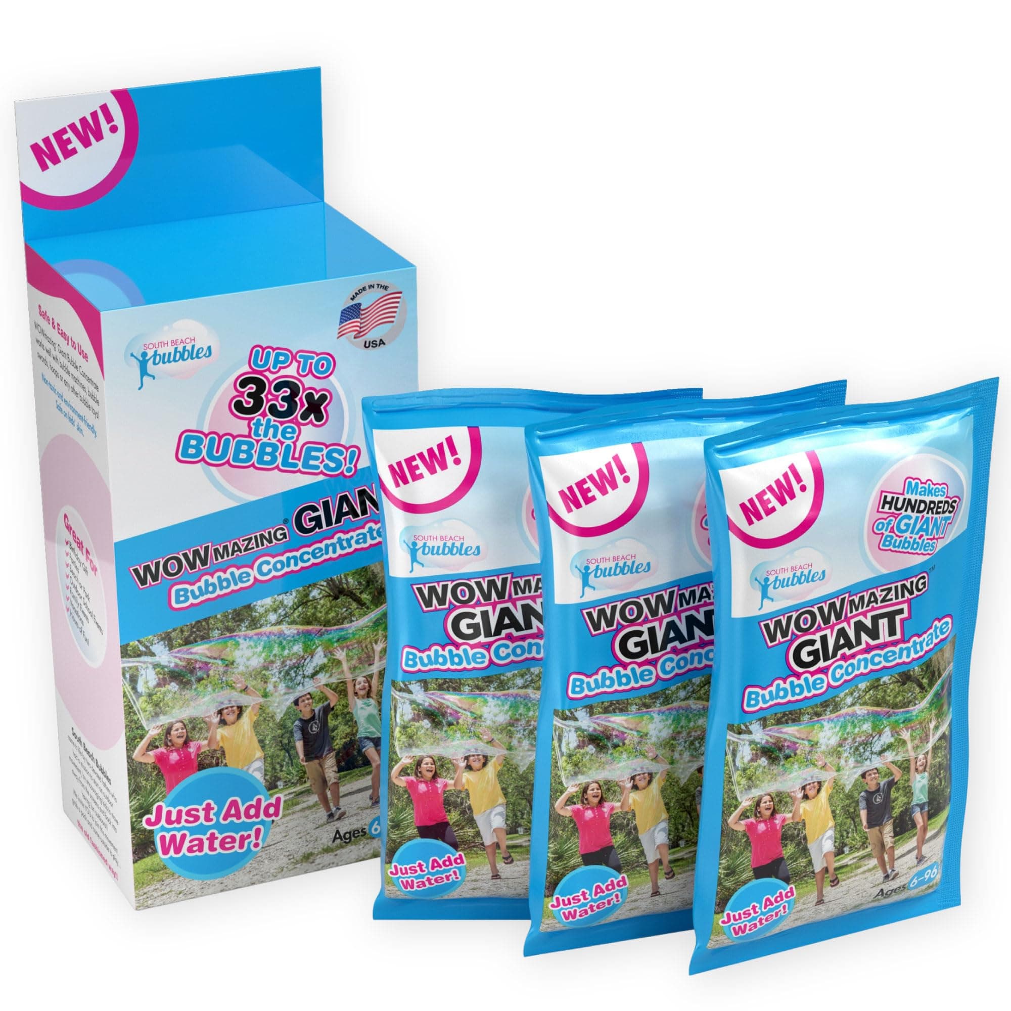 WOWMAZING Big Bubbles Refill - Concentrated Giant Bubble Solution Makes 2.3 Gallons | 3 Pouches for Kids’ Fun | USA Made