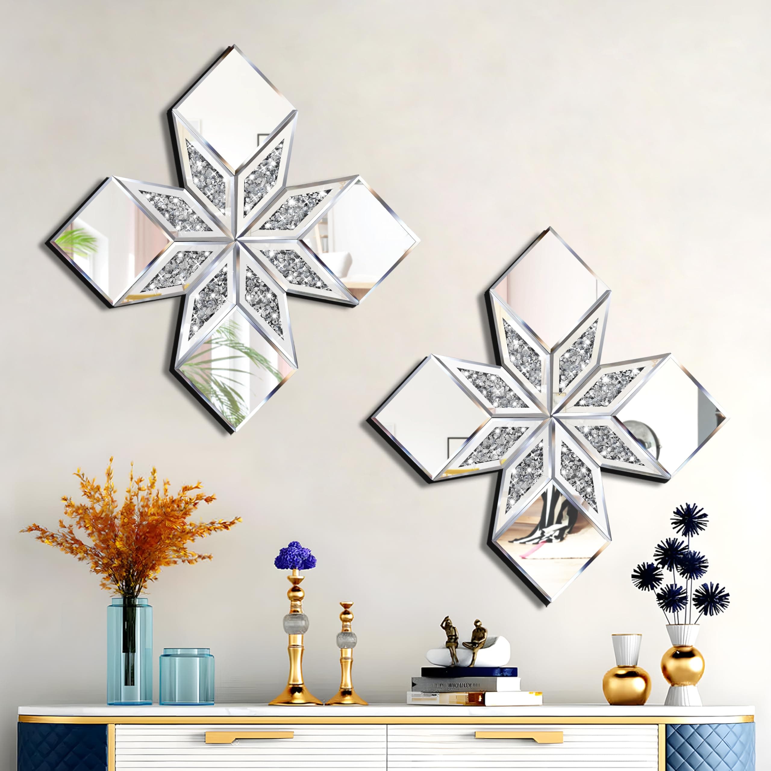 Crushed Diamond Mirror Wall Decor 2 Pack, 22.25x22.25” Diamond Shape Silver Wall Mirror for Living Room Dining Room Bedroom