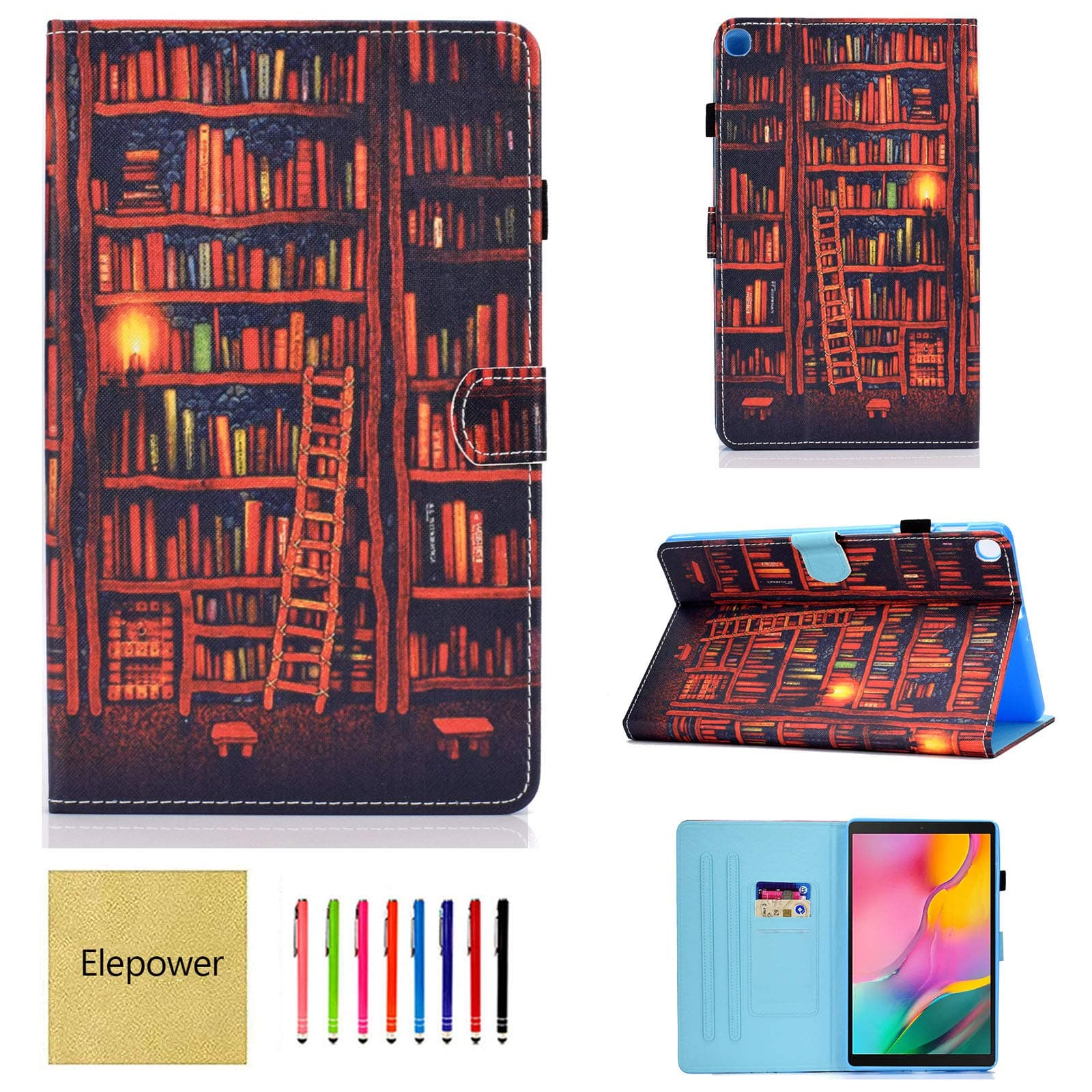 Galaxy Tab A 10.1 Case 2019 Release SM-T510/T515, Elepower Multi-Angle Folio Stand PU Leather Cute Pattern Case Wallet Cover with Card Slots for Samsung Galaxy Tab A 10.1 Inch Tablet, Bookshelf