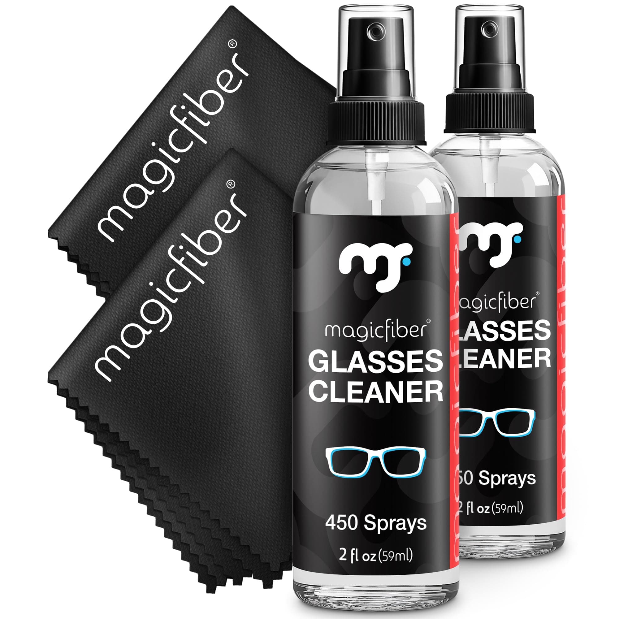 MagicFiber Glasses Cleaner Kit - (2) Eyeglass Cleaner Sprays + (2) Microfiber Cleaning Cloth - Wipes For Eye Glasses, Lenses, Cameras, Screens, Sunglasses, Phones, Electronics, Computer, VR, TV