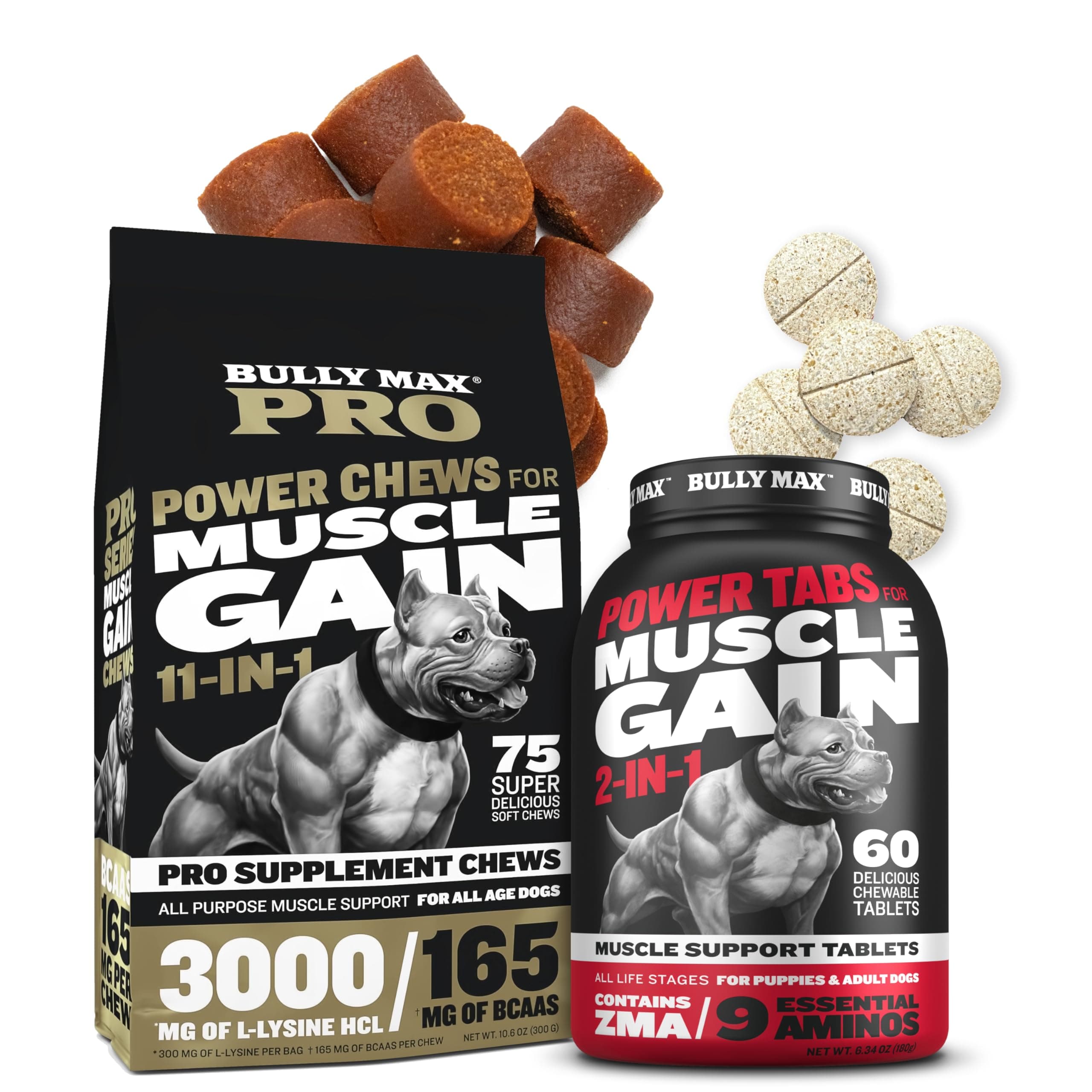 Pro Series Power Chews and Muscle Builder Tabs (60 tabs) Bundle – High Protein Chews and Daily Multivitamin Tablets for Safe Muscle Support, Recovery, and Wellness in Puppies and Adult Dogs