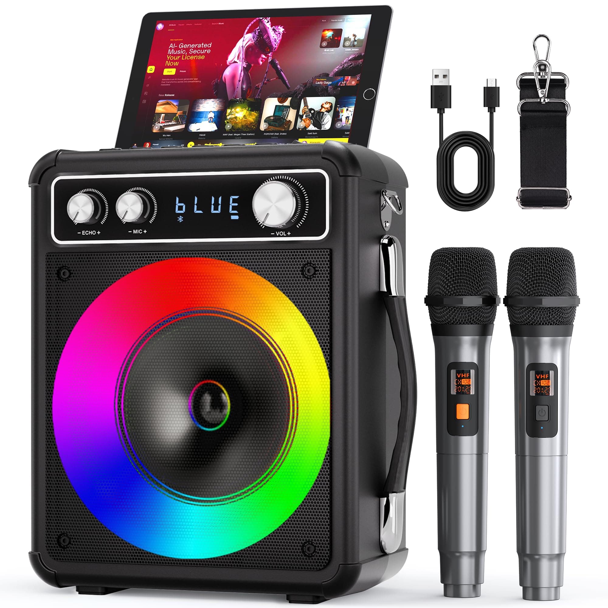 VOSOCO Karaoke Machine with 2 Wireless Microphones, Portable Bluetooth Speaker for Adults Kids, PA Systems Support TWS Echo Adjust TF USB AUX for Home Party Outdoor Travel