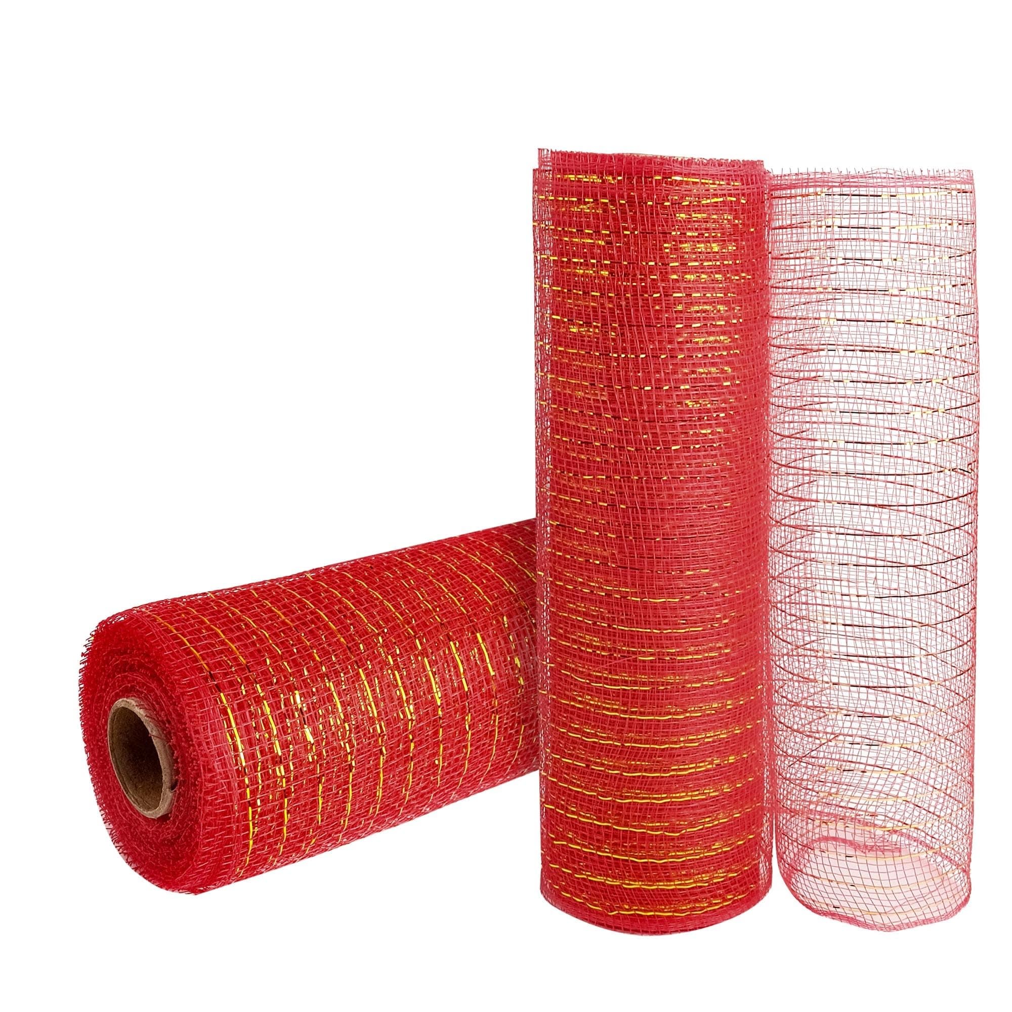 2 Rolls Red Deco Mesh Ribbon 10 in x 30 ft,Basic Metallic Poly Mesh Ribbon Rolls for DIY Wreath Supplies Christmas Tree Halloween Decoration Gift Wrapping,Floral