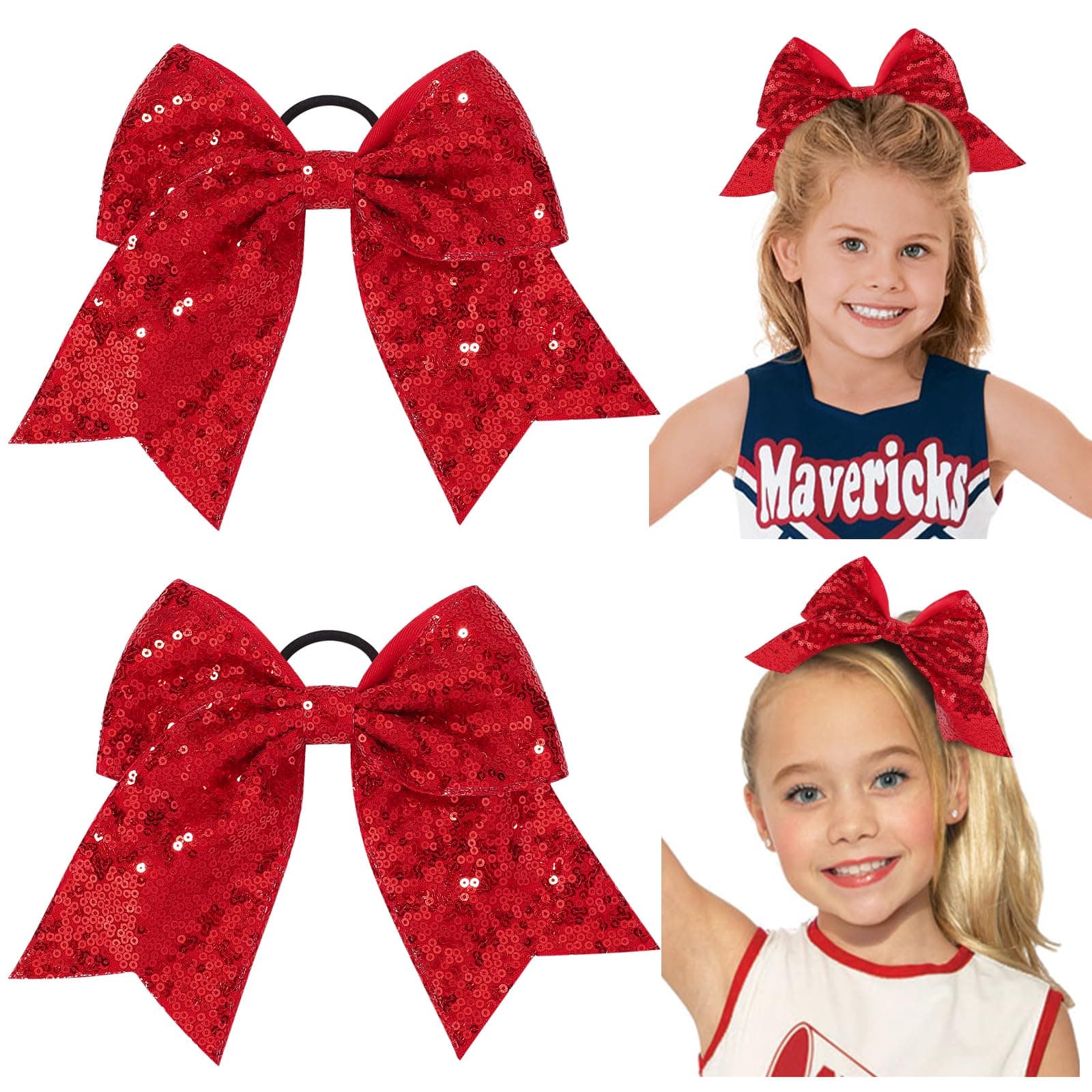 2 PCS 8 Inch Sequins Cheer Bows Large Glitter Cheer Hair Bows Ponytail Holders Cheerleading Bows Elastic Hair Ties Handmade for Cheerleaders Teen Girls College School Sports (Sequin-Red)