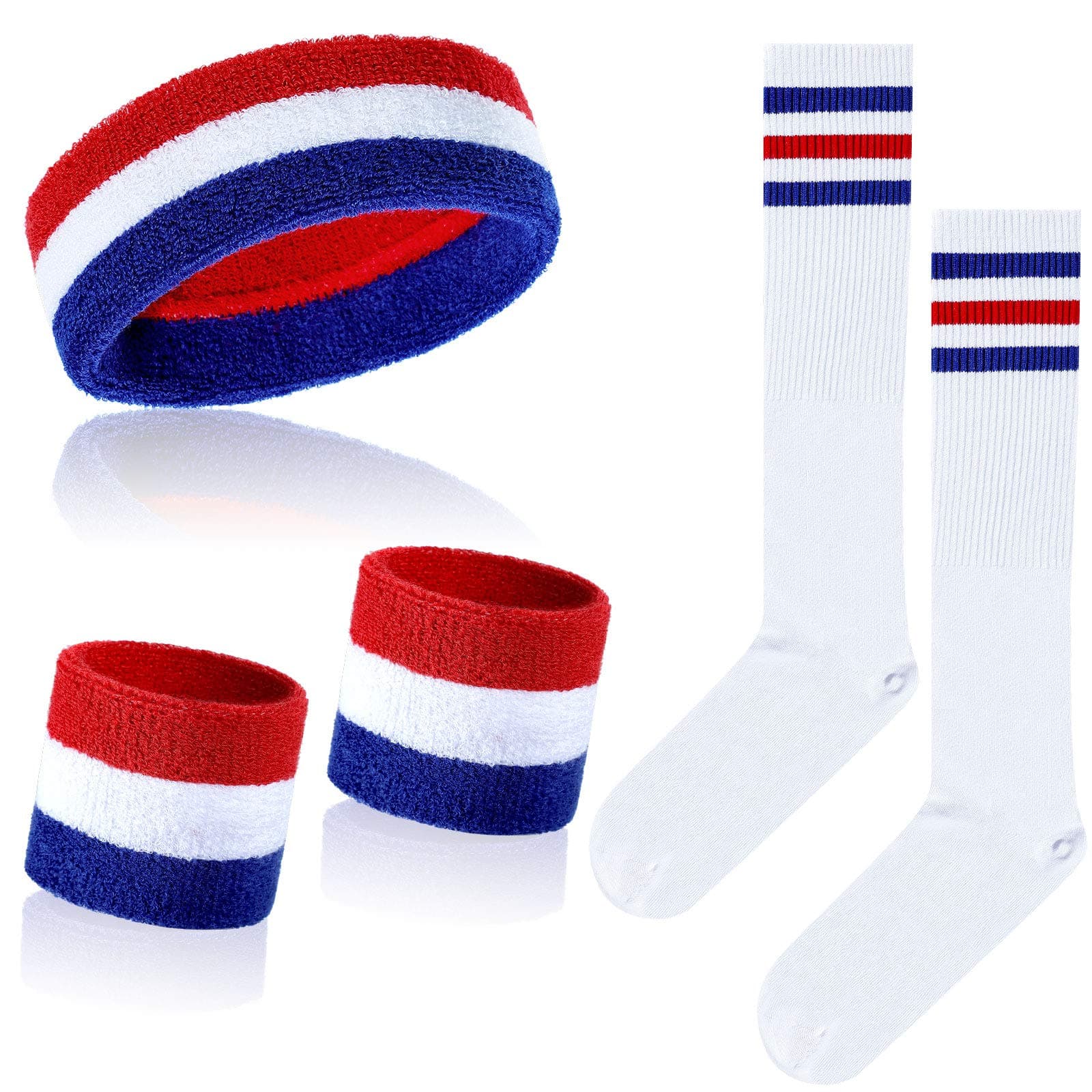 5 Pieces Sweatbands and Socks Set Includes 1 Set Wrist Sweatbands Headbands1 Pair High Tube Socks Sports Headbands Set for Men and Women Fitness Yoga (White, Blue and Red)