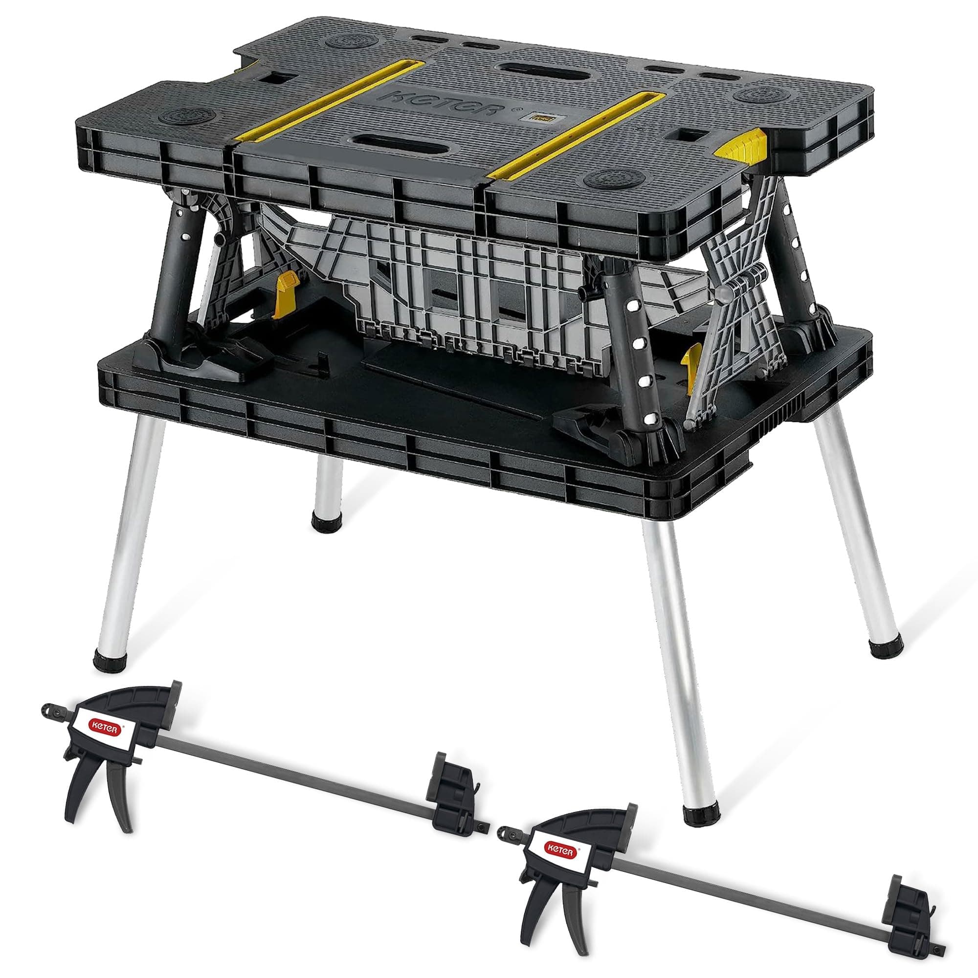 Heavy-Duty Folding Workbench with 1,000 Pound Capacity - Foldable Work Table for Garage, Woodworking, and Outdoor Workshop with 12 Inch Adjustable Clamps